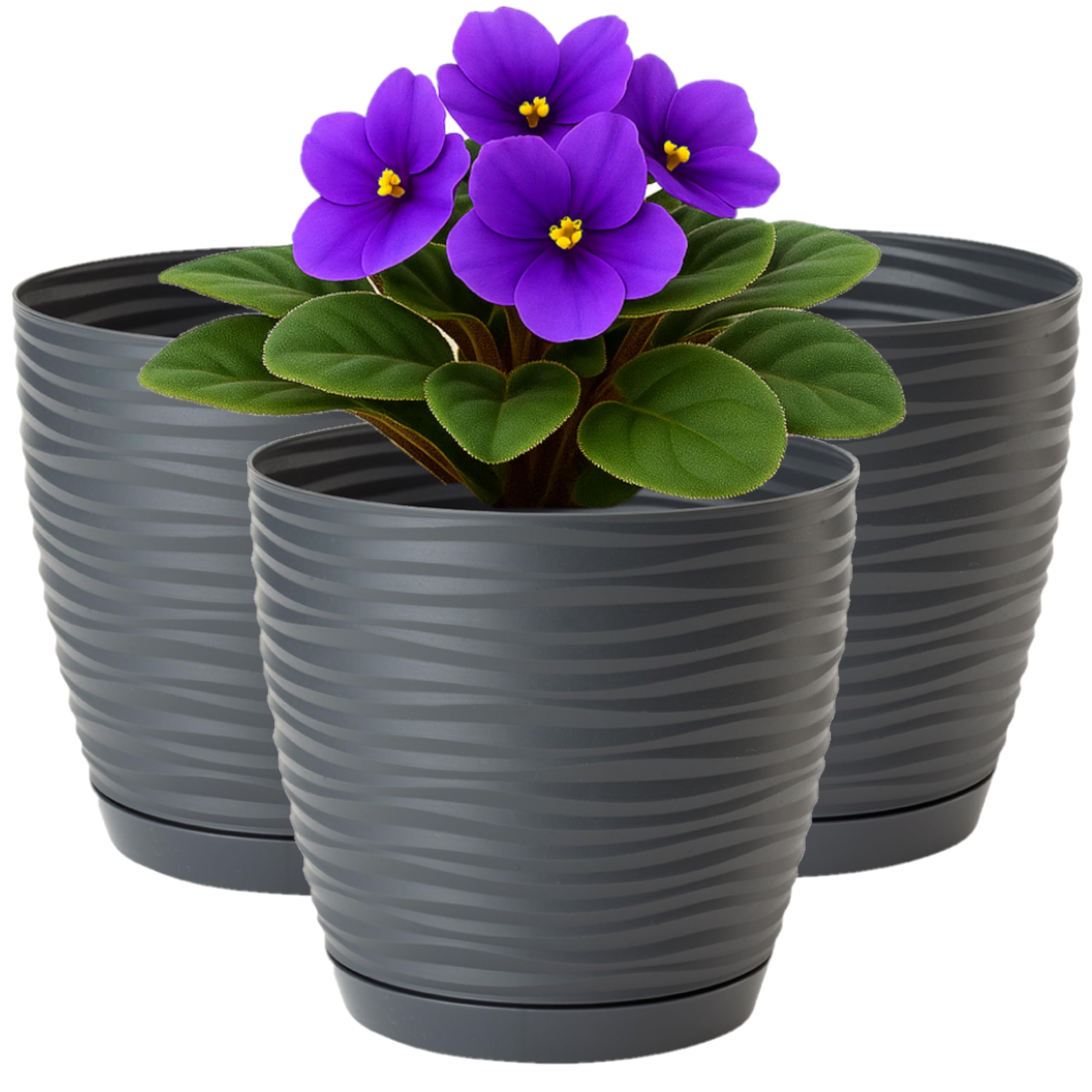 Home Garden Ornaments Anthracite Wave Plant Pots Indoor, Set Of 3 Indoor Plant Pot With 3D Effect, Drainage Holes, And Integrated Saucer, Plastic Flower Pots (Diameter: 17Cm, Colour: )