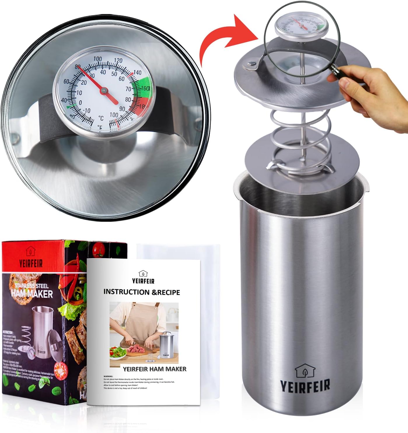 304 Stainless Steel Ham Maker Press With Large Dial Thermometer and Cool-Touch Handle Ham Press Cooking Tool for deli meats, Including 20 Cooking Bags and Recipe Guide