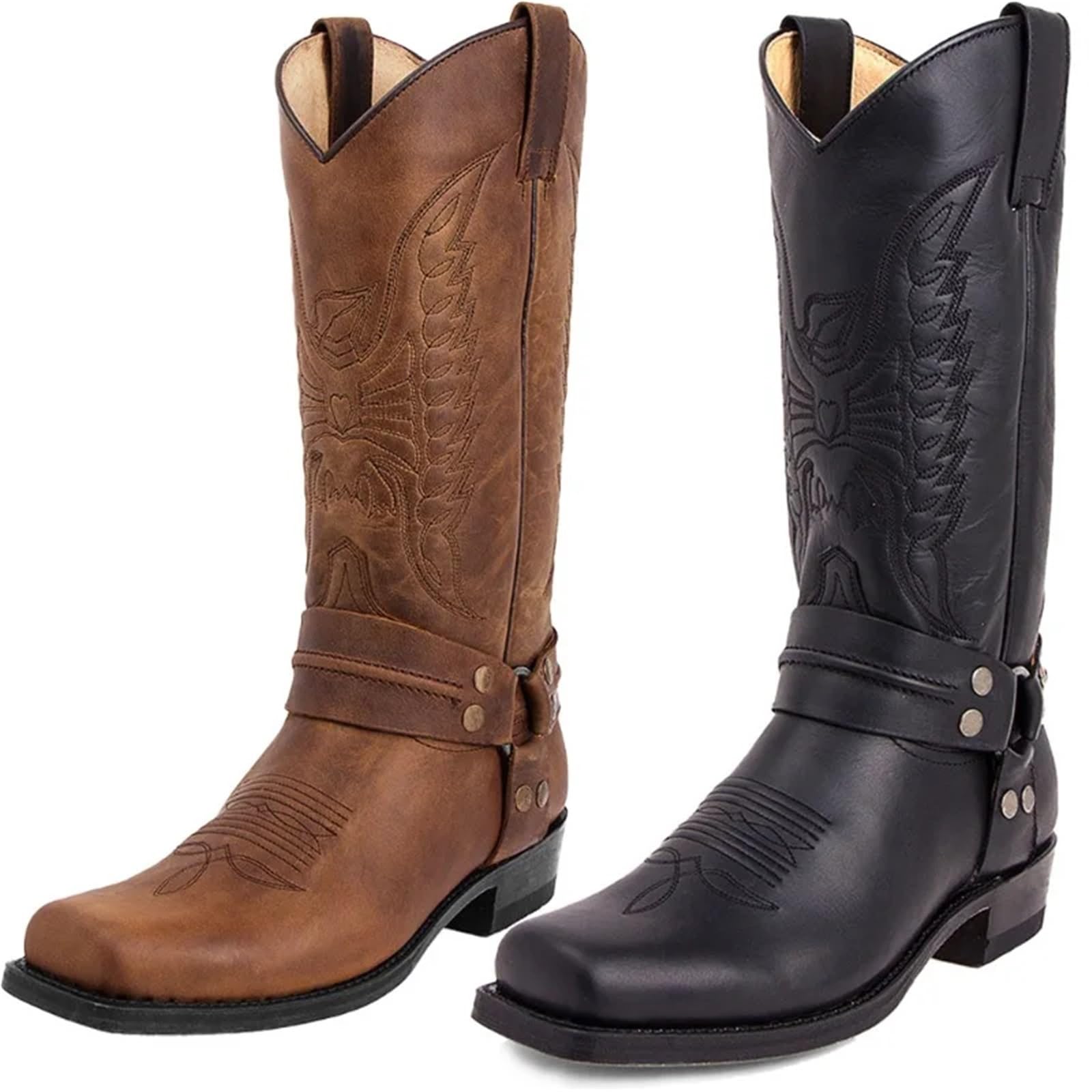 Stivali da cowboy western da uomo, stivali casual in pelle, stivali da cavaliere for uomo, stivaletti retrò ricamati a metà polpaccio, Botas Hombre