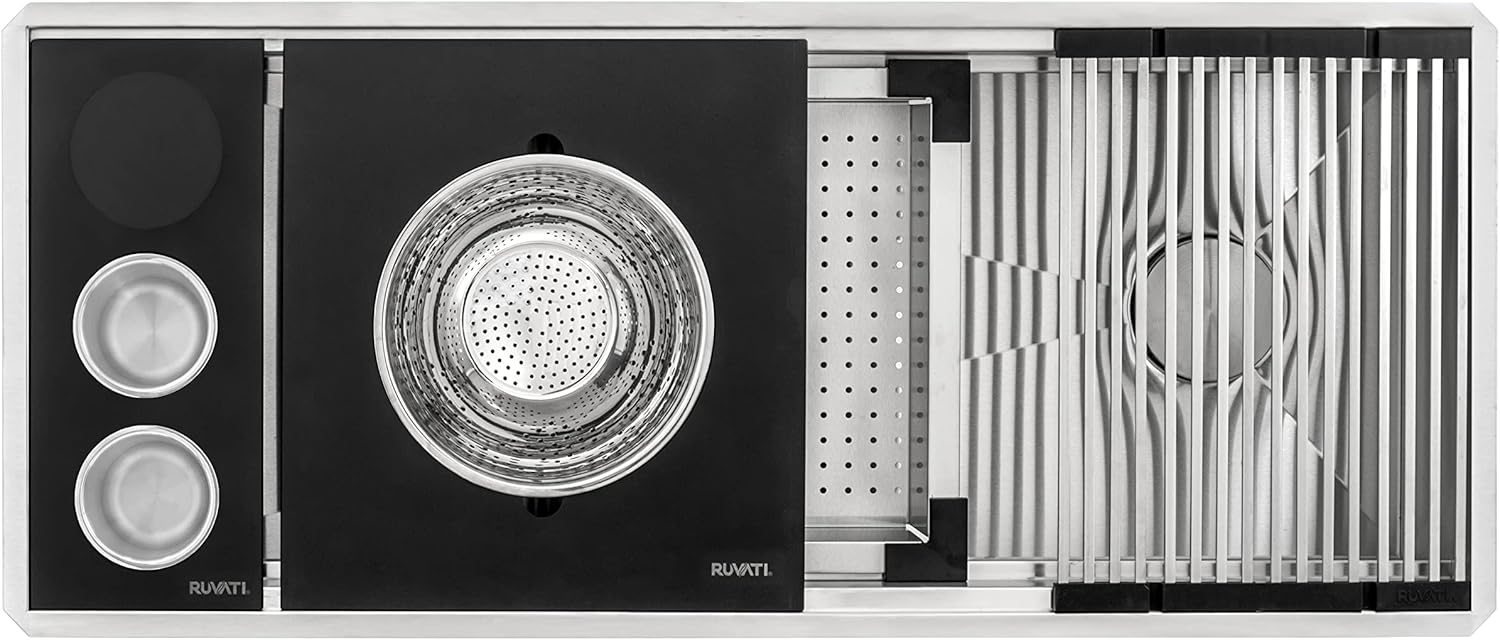 Ruvati 3 Bowl Serving Board Black Composite Condiment Tray for Workstation Sinks (complete set) - RVA1377BWC