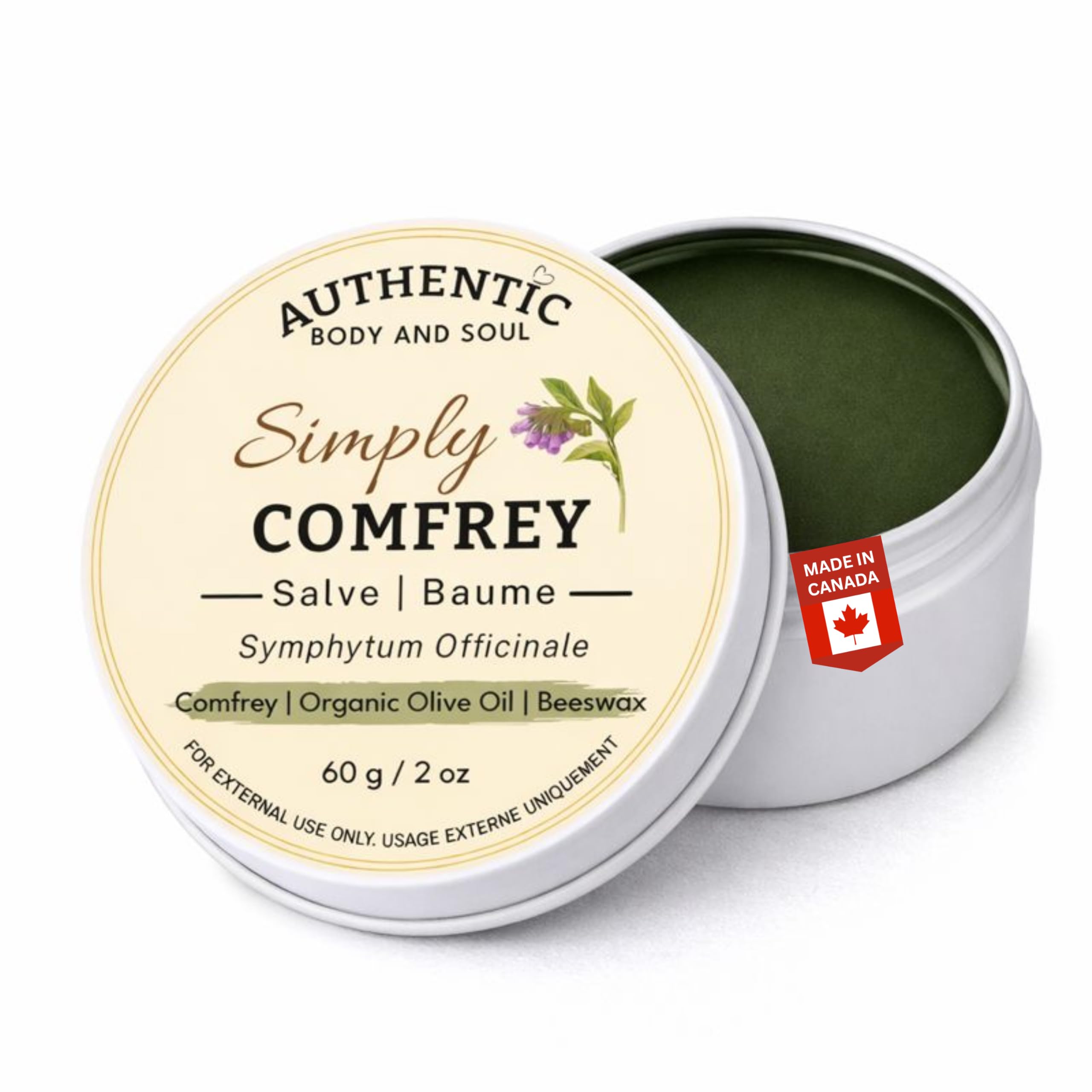Comfrey Salve, Comfrey Leaf Infused Organic Cold-Pressed Olive Oil, Natural Unrefined Organic Beeswax from Alberta, Unscented Herbal Botanical | 2 oz, by Authentic Body And Soul - 1