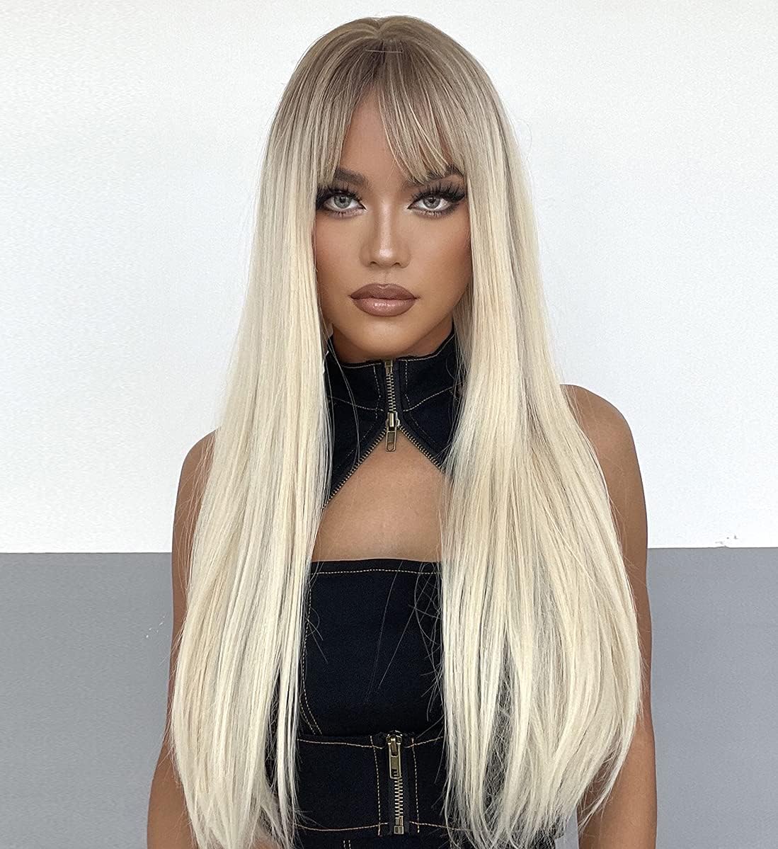 LANOVA Platinum Blonde Wig with Bangs, Straight Long Hair Wig, Blond Wig with Front Cut Bangs, Synthetic Wigs for Women, 613 Wig with Fringe, LANOVA-156