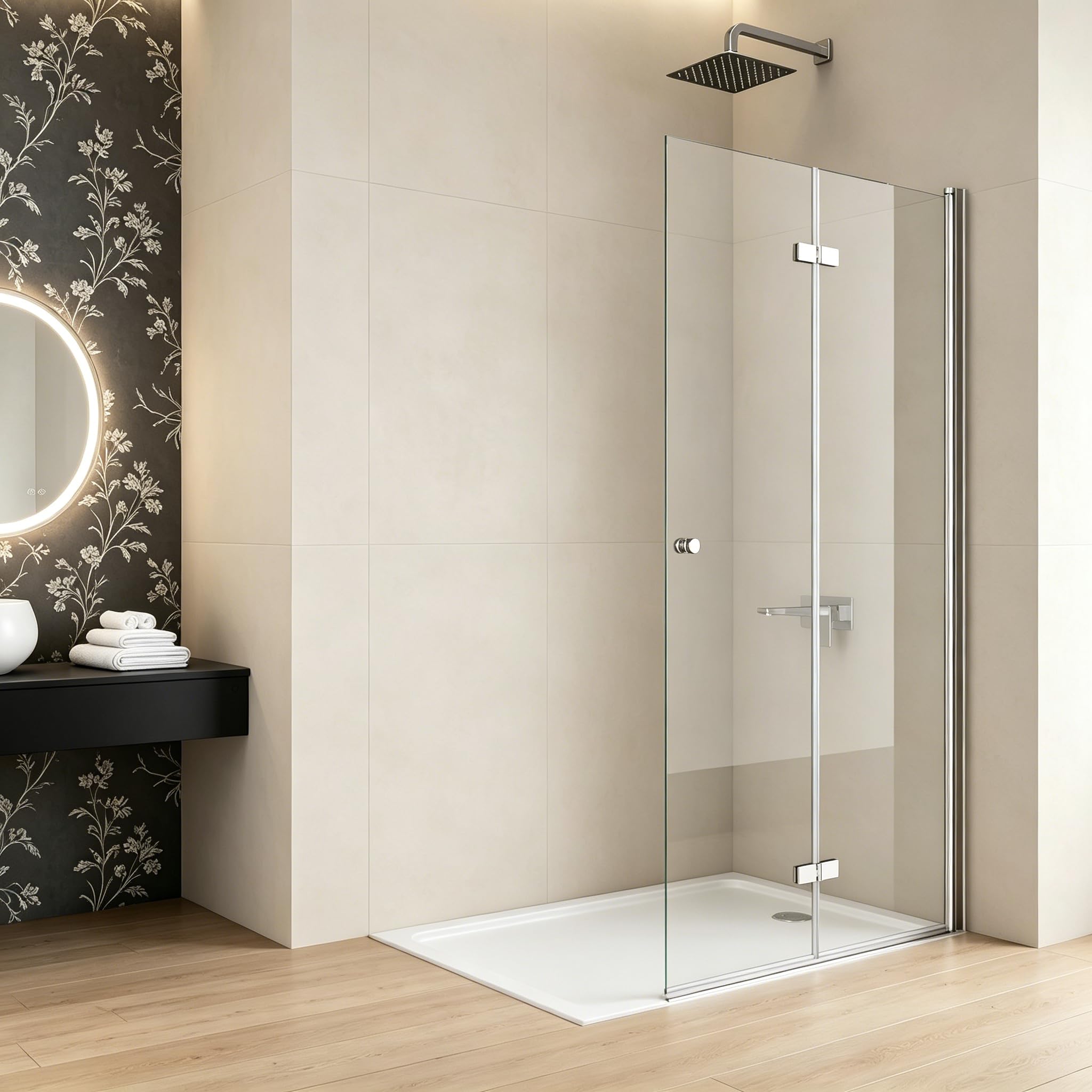 Walk in Dusche 90x185cm Faltwand Duschabtrennung 6mm ESG-Sicherheitsglas – 180° faltbar & bodeneben – ultrabreiter Einstieg, geeignet für kleine Badezimmer
