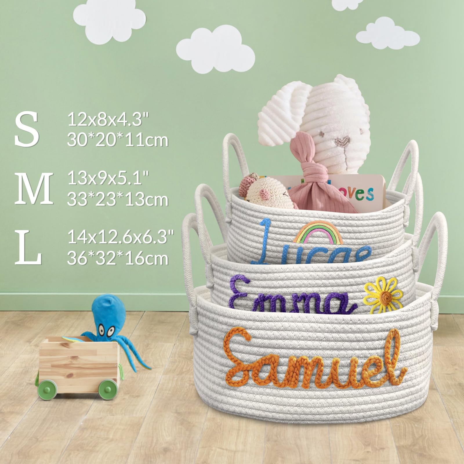 Personalized Baby Basket with Name Custom Cotton Rope Storage Bin for Diaper Caddy, Organizer, Keepsake - Shower Gift