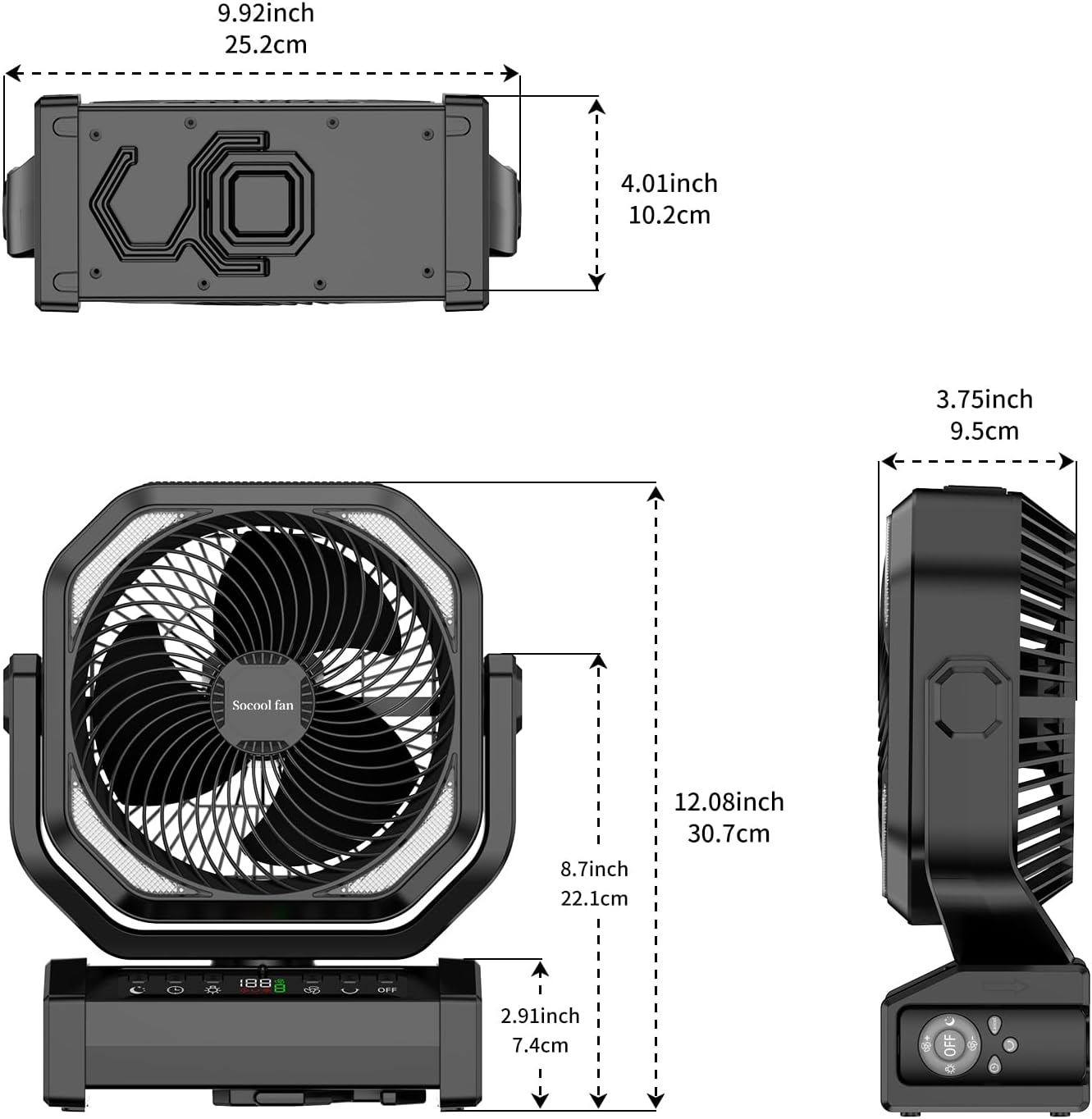 Socool Camping Fan with Light - 20000mAh Rechargeable Battery Fan, 112Hrs Max Run Time, 9 Speeds, Digital Display, Timer, Auto Oscillation, 270° Pivot & Hook for Camping, Power Outage, Hurricane - Image 7