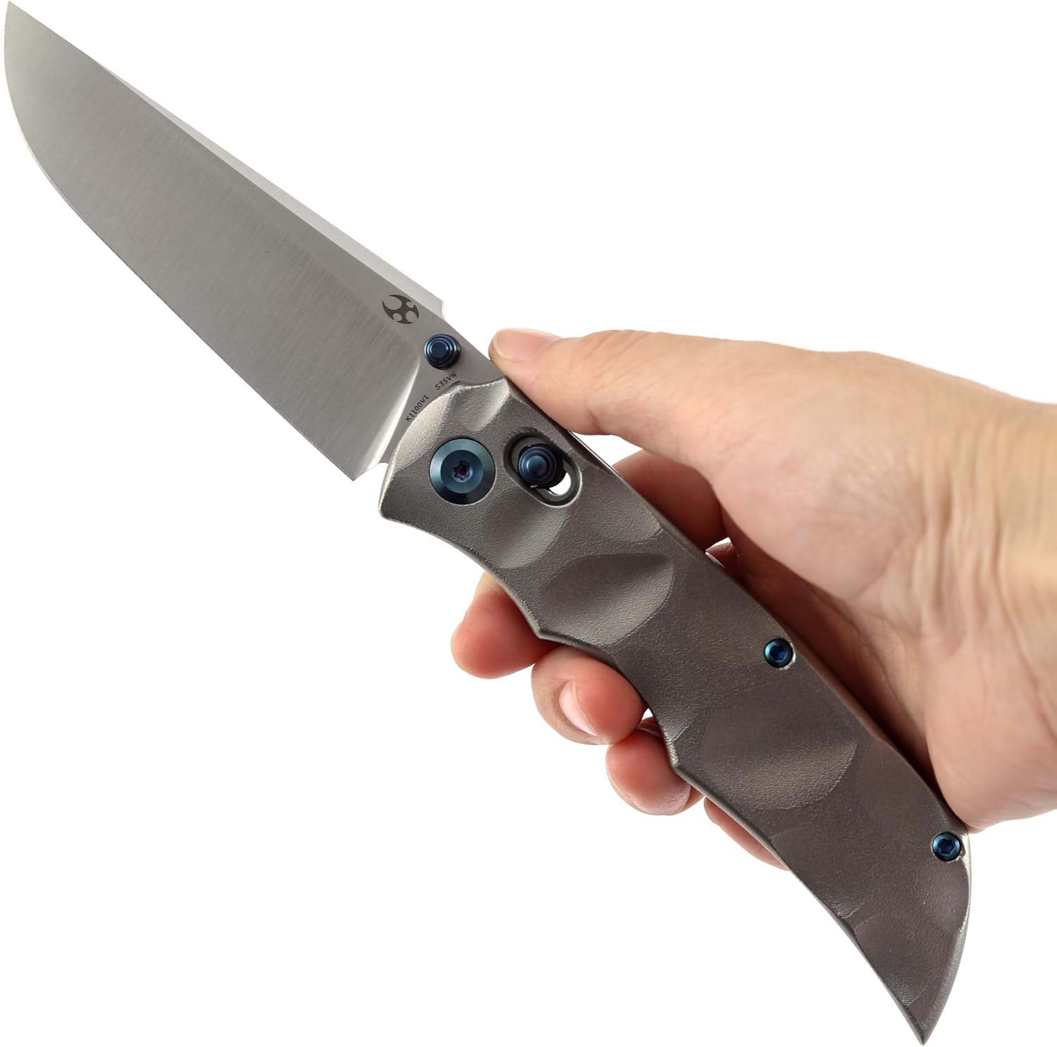 KANSEPT SIF Pocket Knife, 3.76" Satin CPM-S35VN Blade with Blue Thumb Stud, Manual Opening Folding Men Women EDC, Dimpled Titanium Handle with Orange Peel Finish for Outdoor Camping Hiking K1100V1