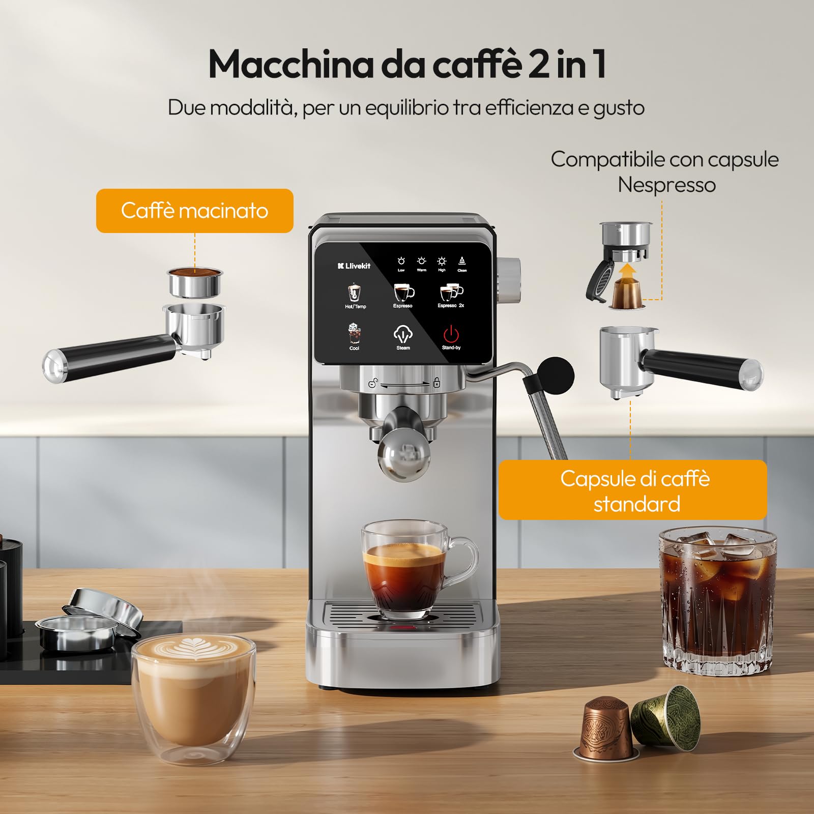 LLIVEKIT Macchina per Caffè Espresso 20 Bar con Montalatte, Compatibile con Capsule e Caffè Macinato, 1350 W, Serbatoio 1,2 L, Funzione Decalcificazione, Spegnimento Automatico, Acciaio Inossidabile