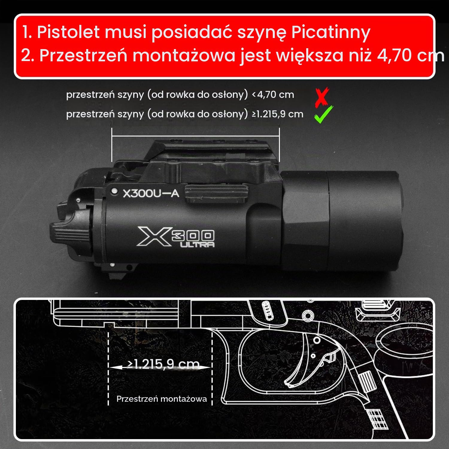 Zhongren X300 Taktyczna latarka pistoletowa, 800 lumenów, białe oświetlenie, taktyczna latarka do airsoftu, 2 tryby, światło ciągłe/chwilowe (czarna)
