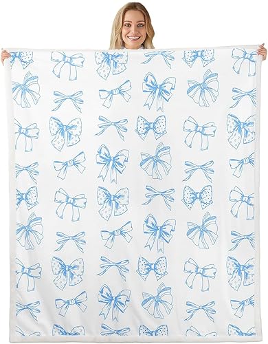 Vista 16 de Manta moderna de franela de vellón con lazo de 40 x 50 pulgadas, estilo princesa, manta mullida para sofá y sofá, con lazos azules y blancos