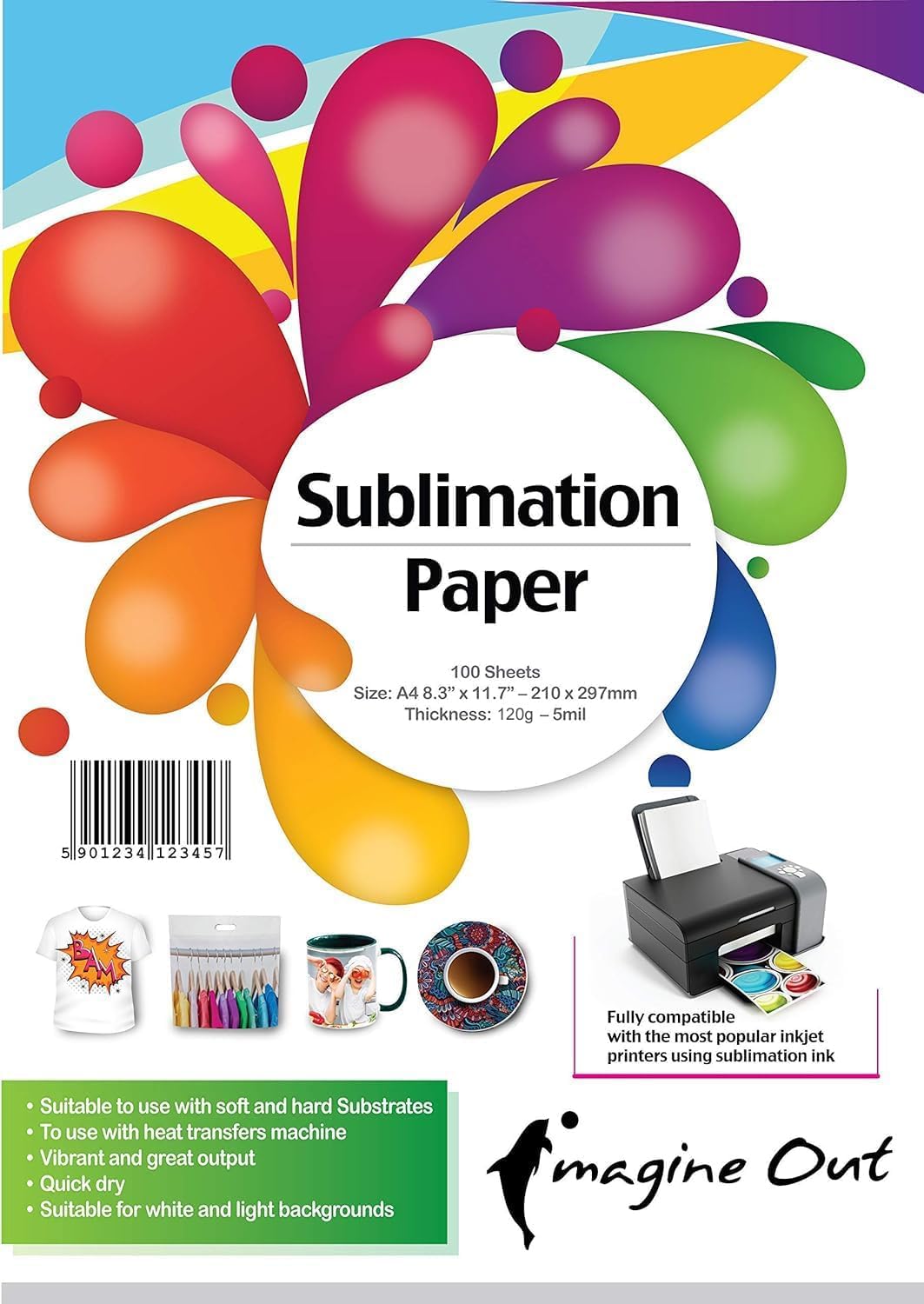 Papel de transferencia de calor por sublimación, 120 g, paquete de 100 hojas A4