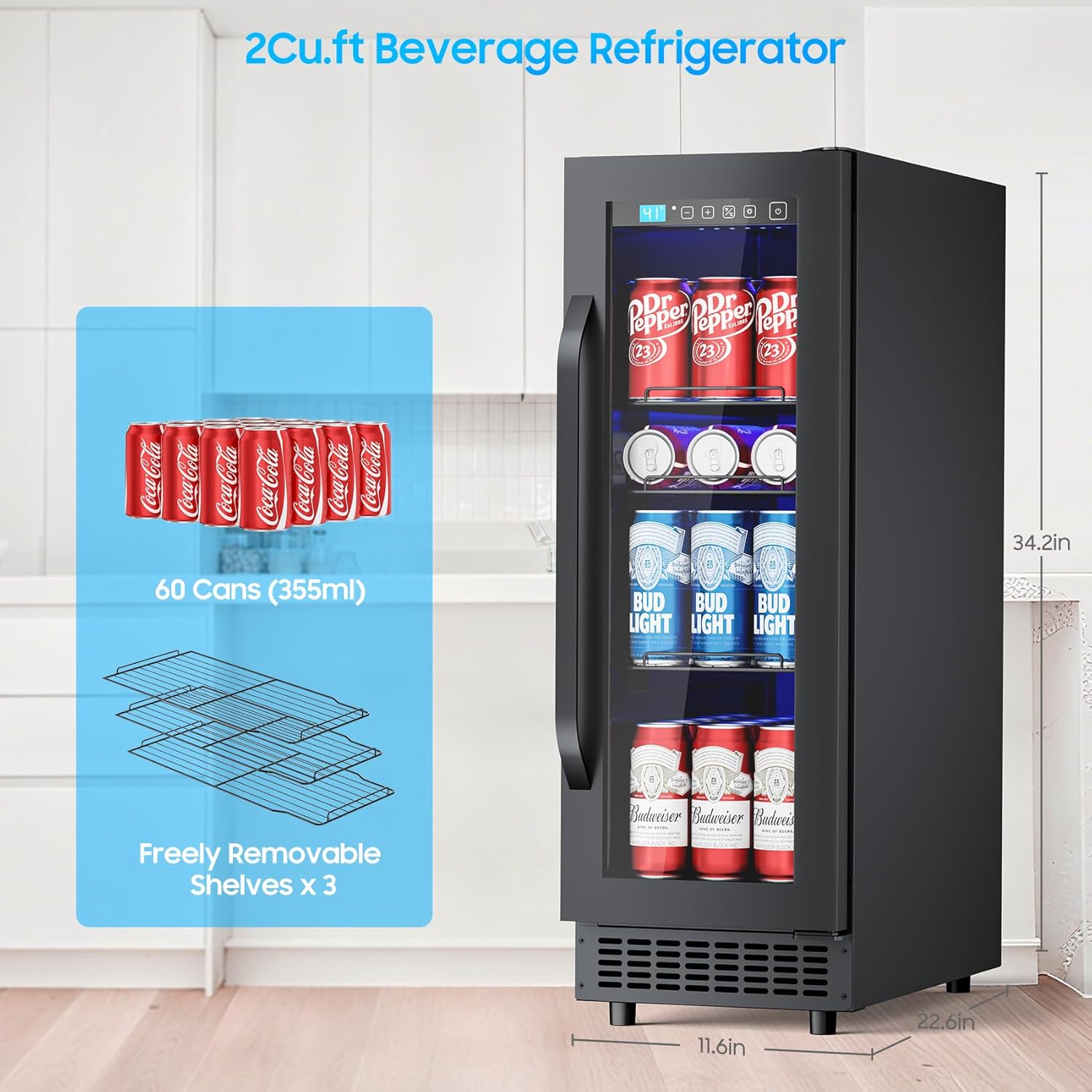 12 Inch Beverage Refrigerator Under Counter Built-in, 60 Cans Quiet Mini Beverage Refrigerators, Low Noise Energy-Saving Drink Refrigerator Beverage Fridge for RV, for Home Bar & Small Narrow Space