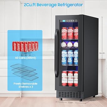 56 Cans Beverage Refrigerator Under Counter Built-in, 2Cu.Ft Mini Beverage Refrigerators with Glass Door Stainless, 12 Inch Drink Refrigerator Beverage Fridge for Office Bedroom Garage