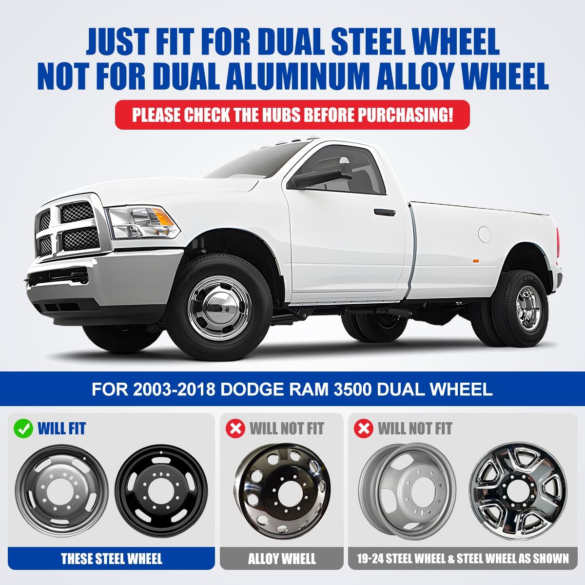 WolfX 17 Dually Wheel Simulators for Dodge Ram 3500 2003-2018 Stainless Material Front Rear Wheel Cover Hub Cap Replacement, 4 PCS