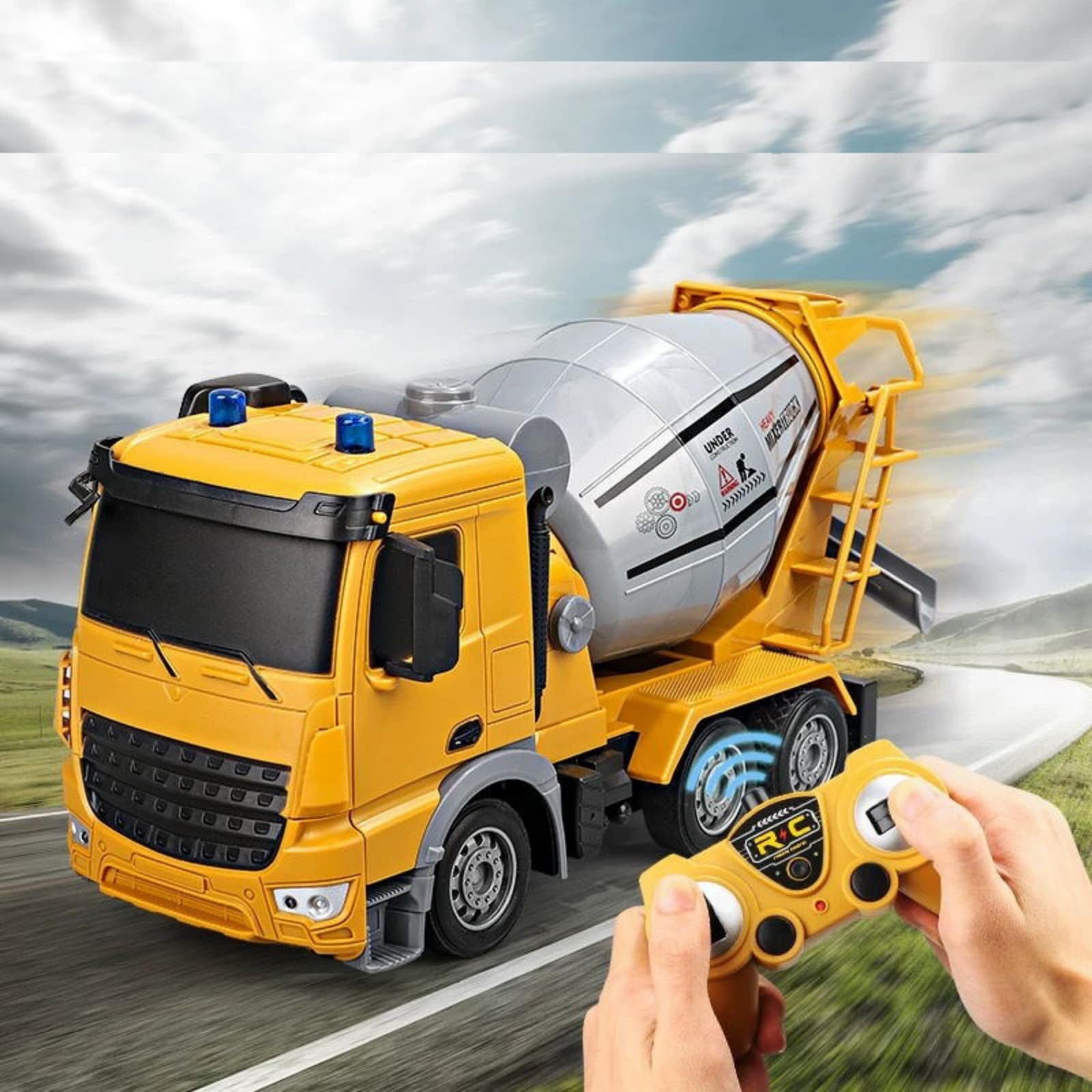 Camion betoniera con tutte le funzioni, giocattolo telecomandato alimentato a batteria, per bambini e bambine, scala 1:24, 6 canali, con luci e suoni