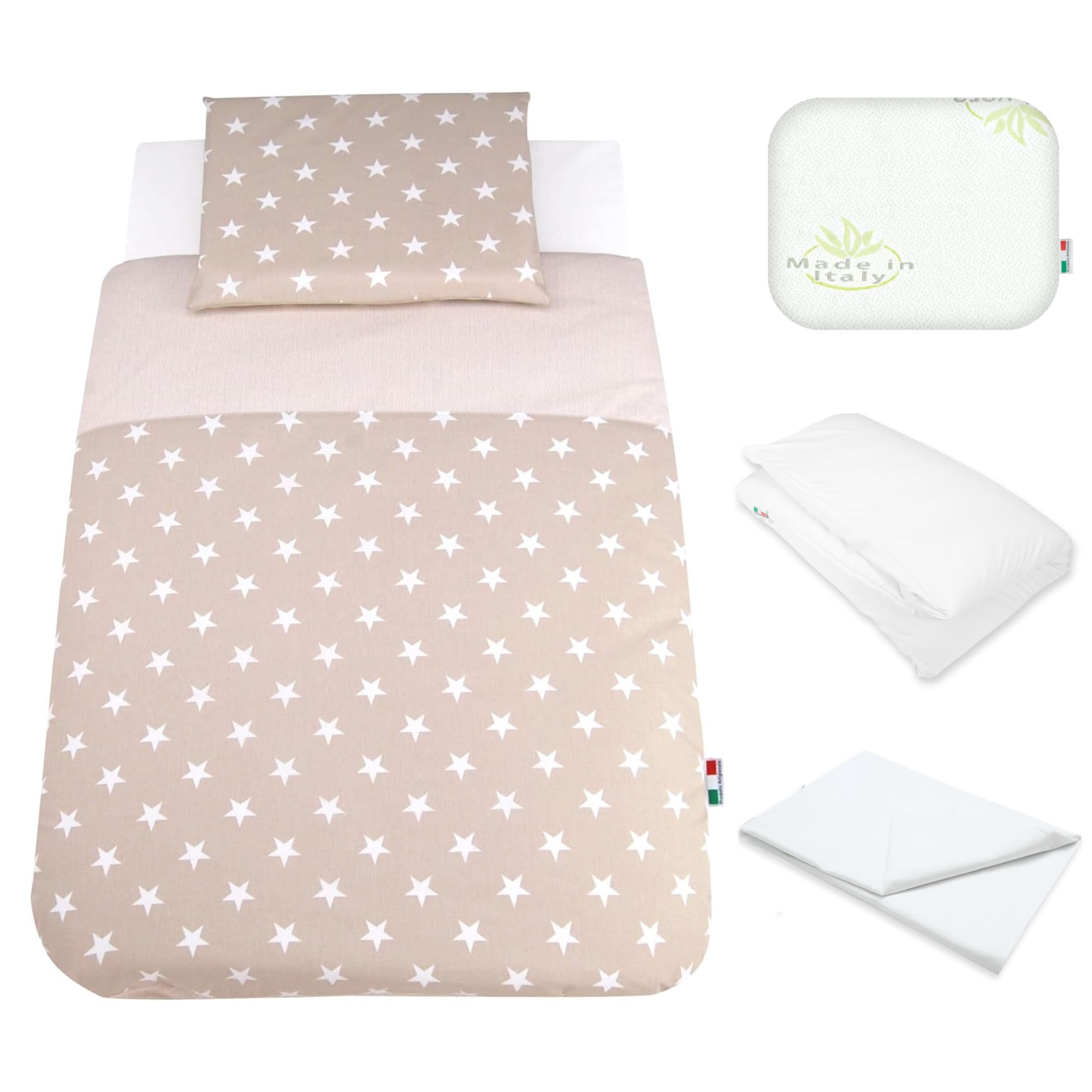 Babysanity Lenzuola Next To Me Compatibili 5 pezzi: Cuscino Neonato Federa Cuscino Piumino Copripiumino Lenzuolo Angoli per Culla Lettino Neonato Chicco Kinderkraft Cam Brevi OEKO-TEX (Stella B)