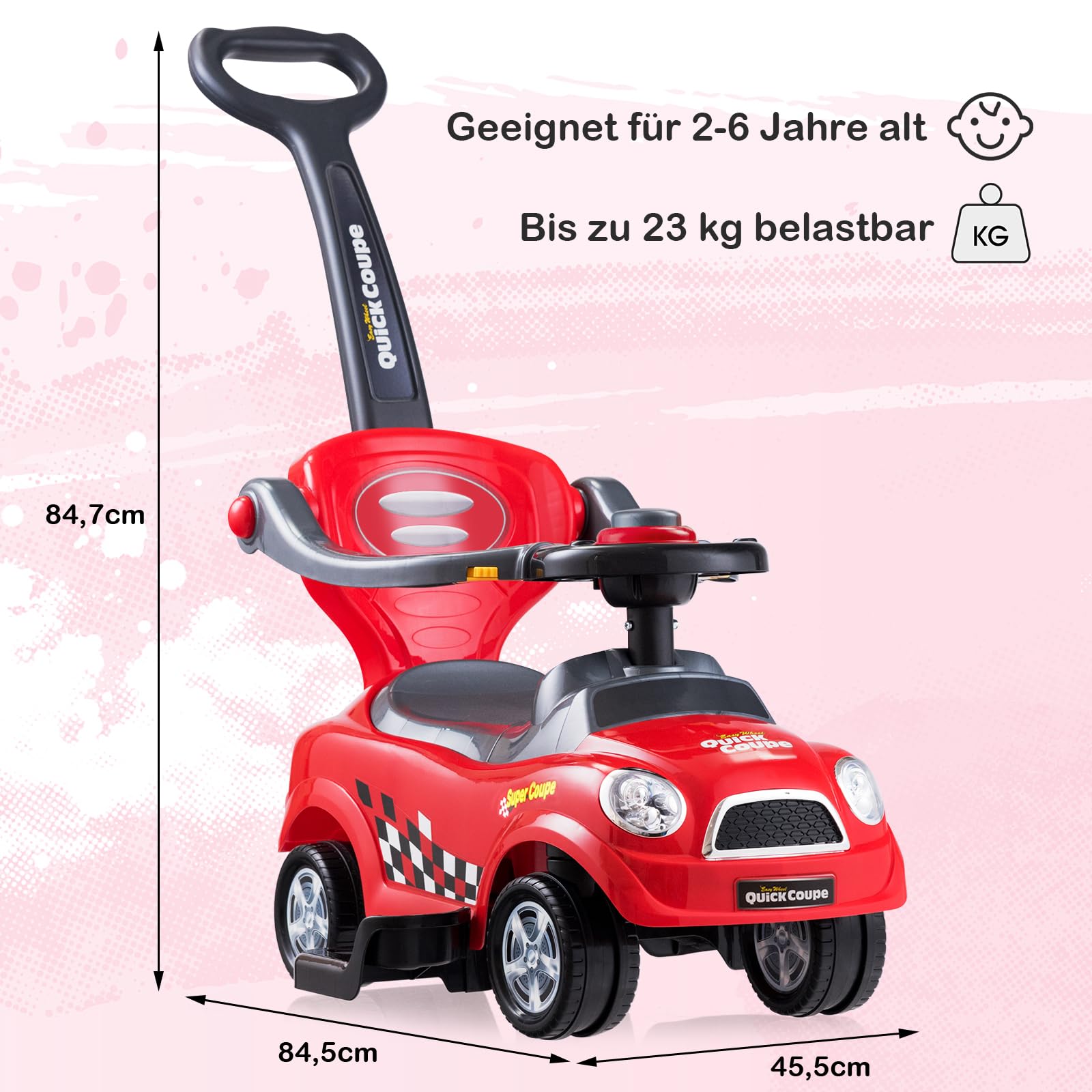 COSTWAY 3 in 1 Rutschauto Schiebeauto, Rutschfahrzeug mit abnehmbarem Schiebgriff, Schutzbügel & verstecktem Stauraum, Spielzeugauto für Kinder von 2 bis 6 Jahren (Rot)