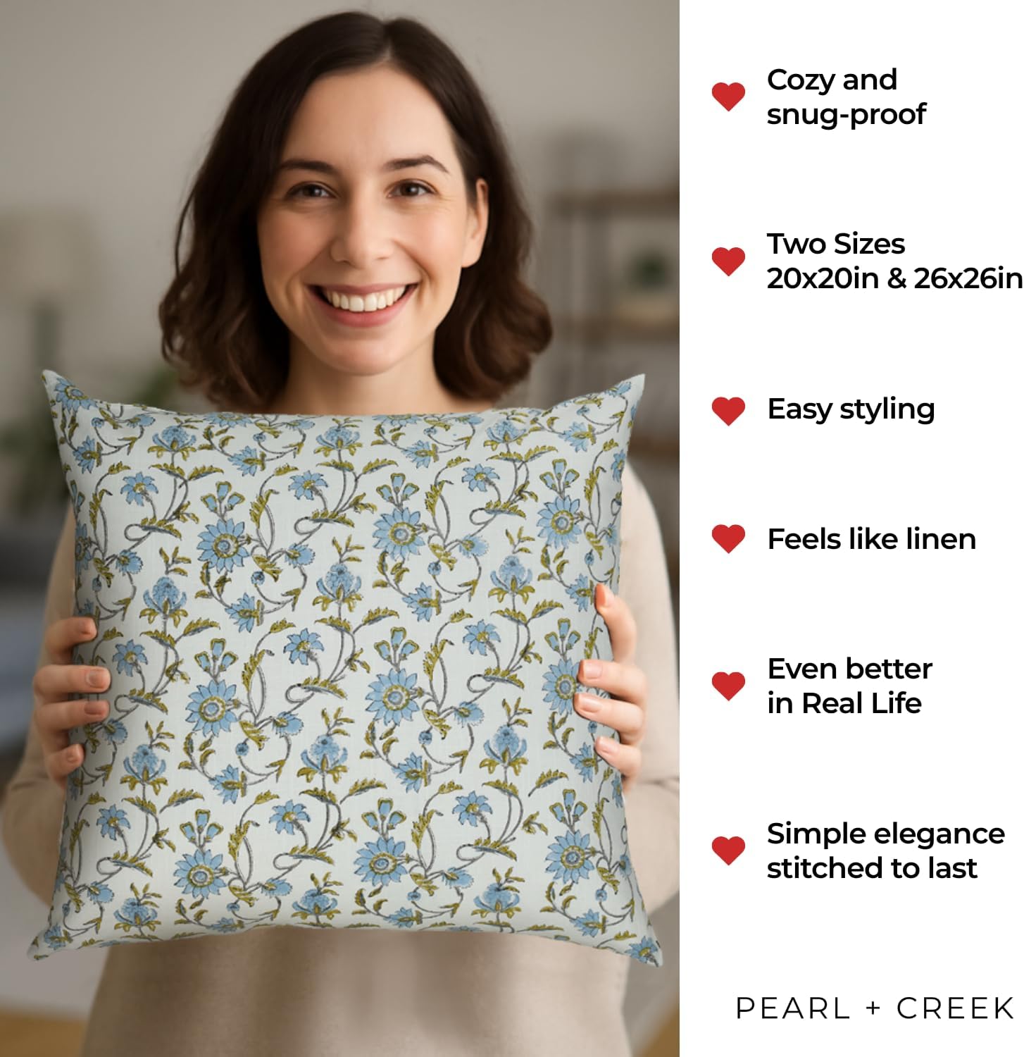 Emma Floral Throw Pillow Cover 20x20 – Floral White Cotton Block Print with Green Piping – Botanical Pillow Cover for Sofa, Couch, Cottagecore or Farmhouse Décor 1pc