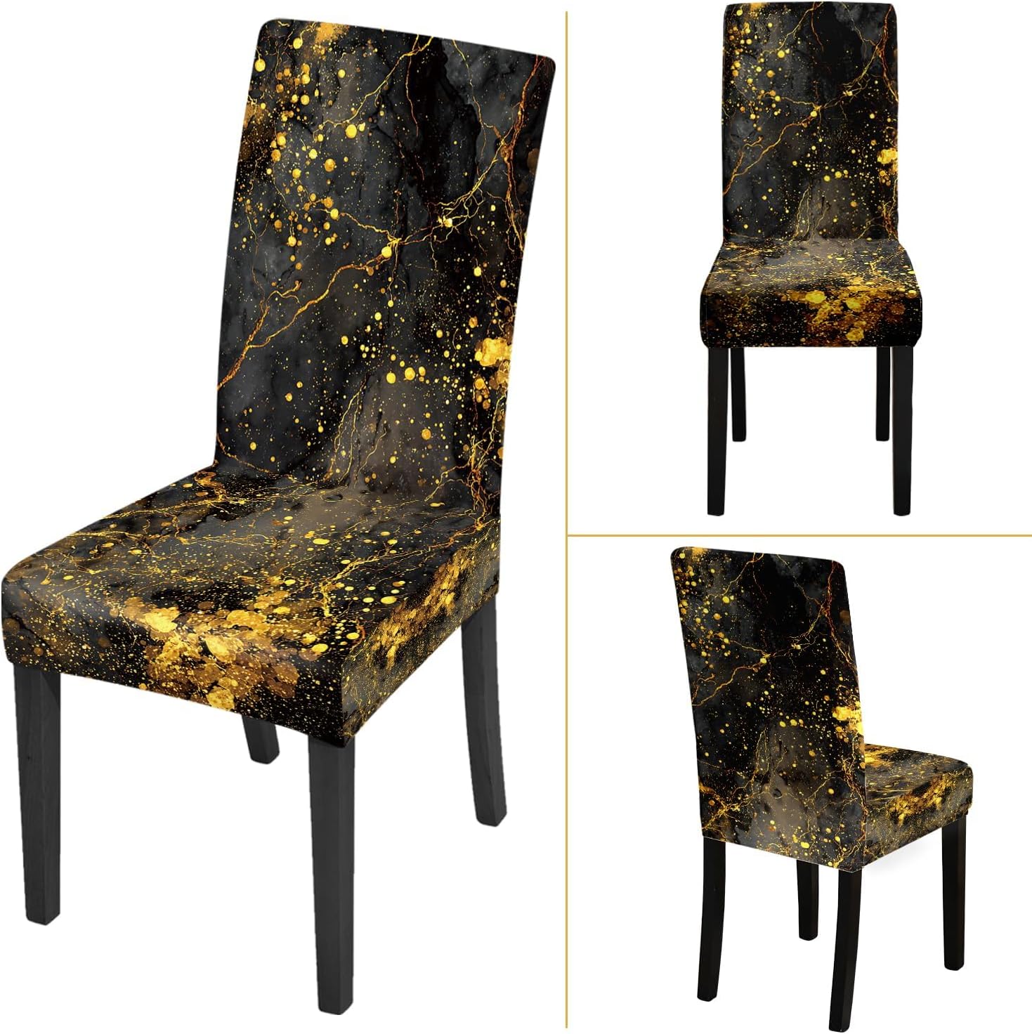 Chair Covers Set of 6, Black & Gold Marble Design, Stretchable Dining Chair Slipcovers, Washable and Reusable, Elegant Chair Protectors for Home Decor, Parties, Weddings