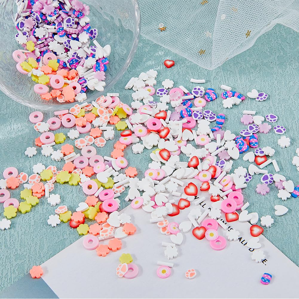 SUPERFINDINGS 150G 6 Style Couleurs Mini 3D Fimo Tranches Slimes Fruits Fleurs Tranches pour Slime Assortiment de Tranches de Slime en Argile Polymère Coeur Ours en Vrac Tranches d'argile Fimo