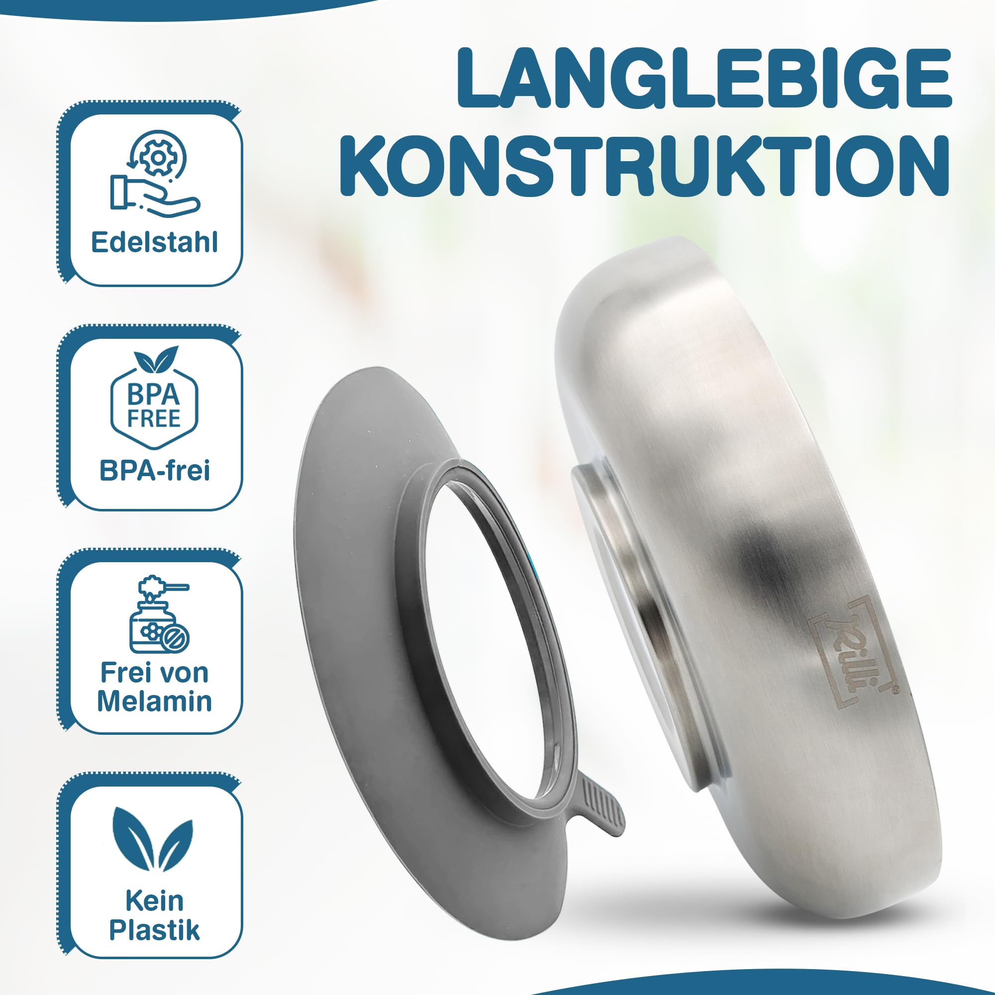 Rilli Edelstahl Teller für Babys mit Saugnapf, tiefer Kinderteller, grau | Doppelwandiger 304er Edelstahl · BPA-frei · schadstoffgeprüft · spülmaschinenfest · für BLW und Beikost
