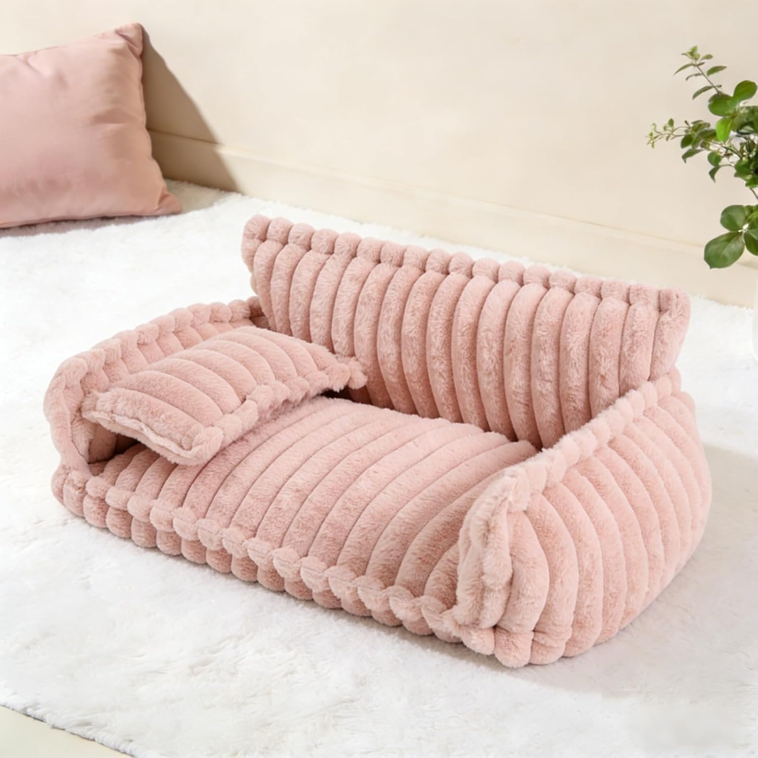 31.5in Large Dog Couch, Dog Beds for Medium Size Dogs, Cute Soft Fluffy Pet Sofa with Pillow and Removable Washable Cover, Calming Modern Style for Fuzzy Pets(Pink, 31.5 * 22.4 * 13inch)