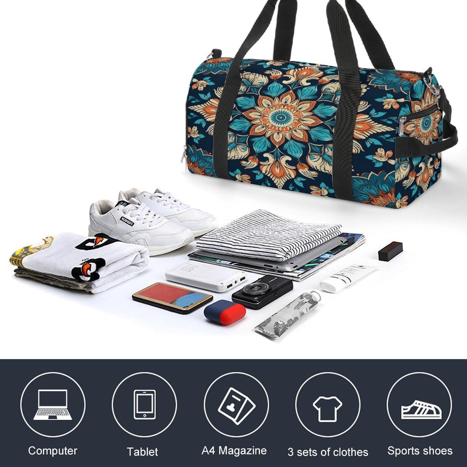 Turnbeutel für Damen und Herren, Vintage-Mandala-Blumendruck, Turnbeutel, wiederverwendbar, Turnbeutel mit Schuhfach, Stil, Einheitsgröße, modern, Stil:, Einheitsgröße, Modern