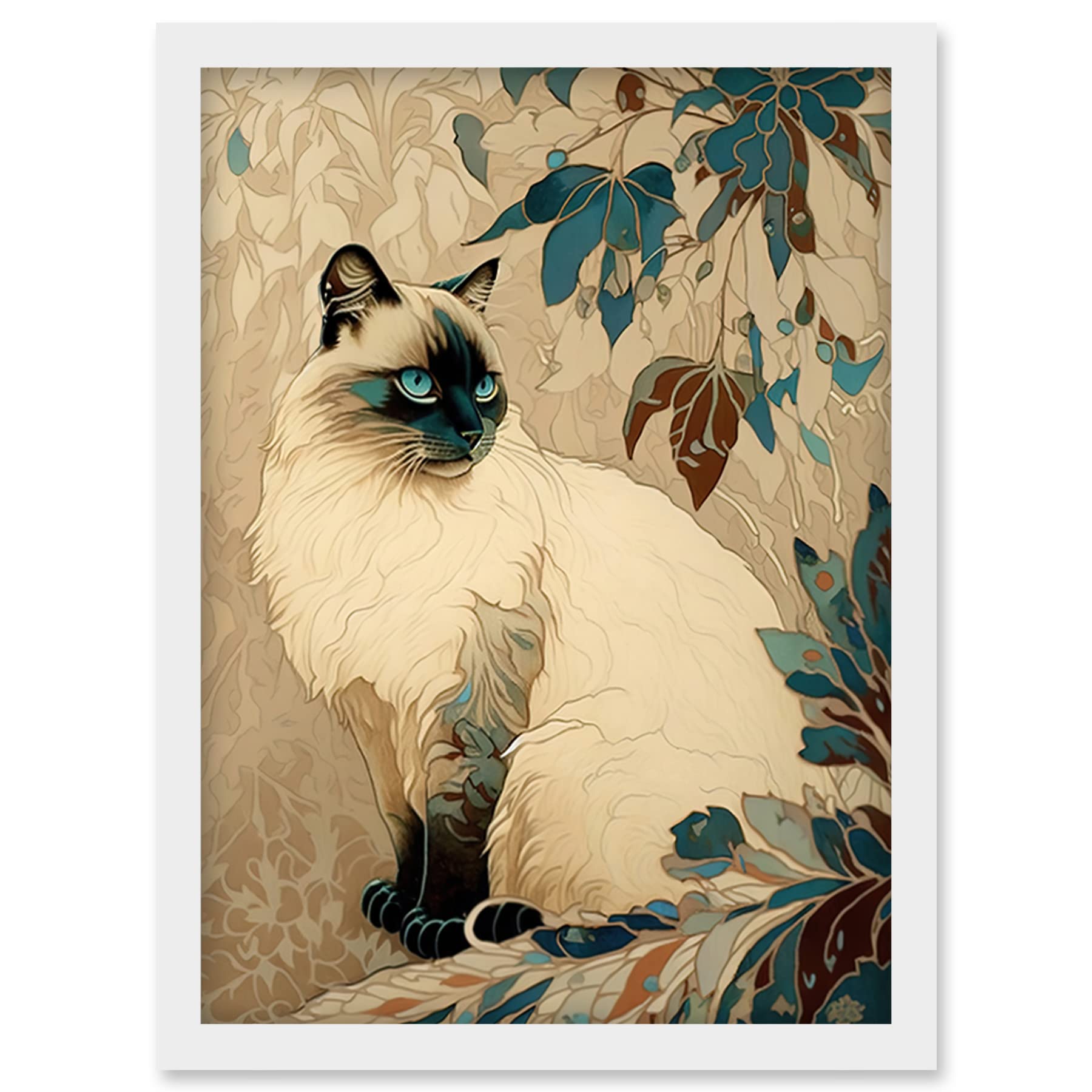 Artery8 Blue Point Ragdoll Cat and Plant Pattern Art Nouveau Modern Illustration Artwork Framed Wall Art Print A4