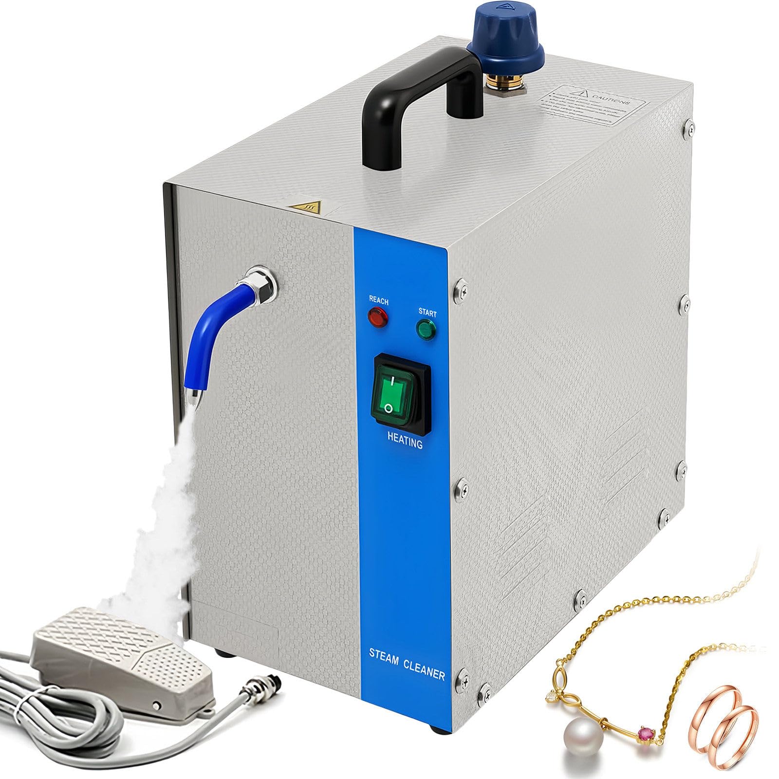 Parowy odkurzacz do biżuterii 1300 W, 2-litrowy wysokociśnieniowy parowy odkurzacz do biżuterii, ciśnienie pary 8,82 funta (ok. 4,8 kg) z przełącznikiem nożnym, do biżuterii ze srebra i złota