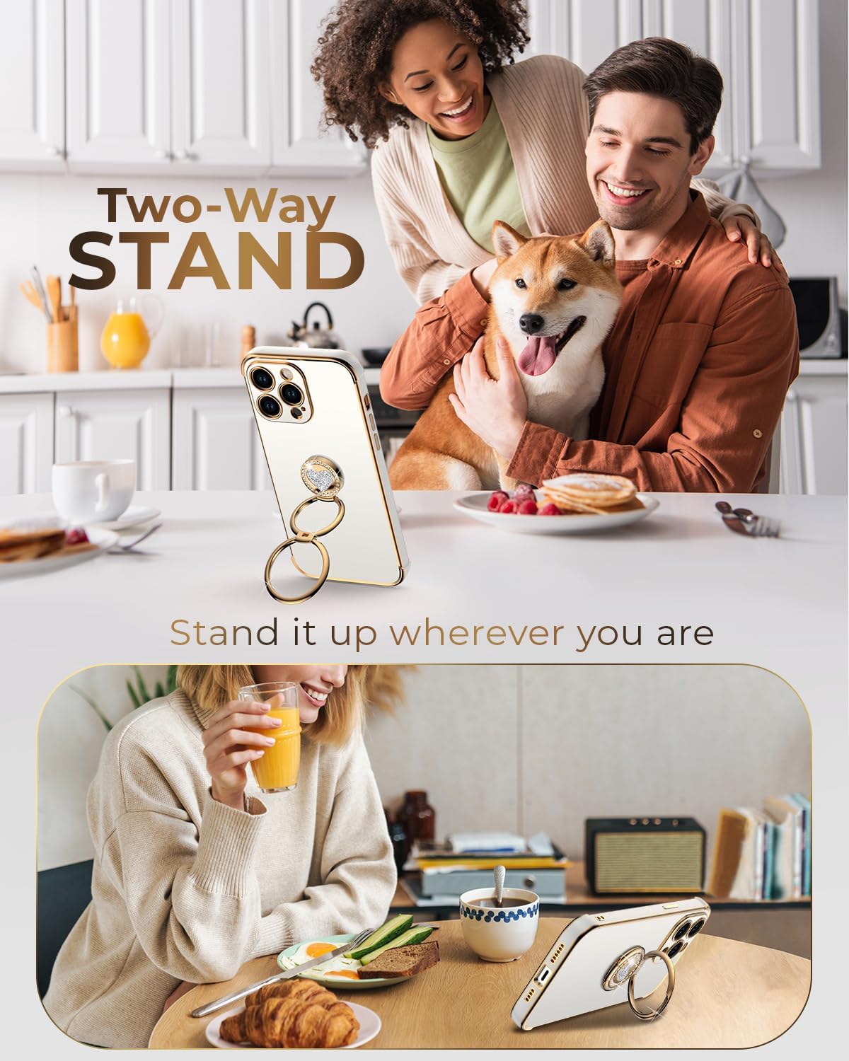 XYZ for iPhone 14 Pro Case with Stand, Phone Case with Double Ring Kickstand, Women Girls Bling Luxury Protective Case Heart for iPhone 14 Pro, White - Image 7