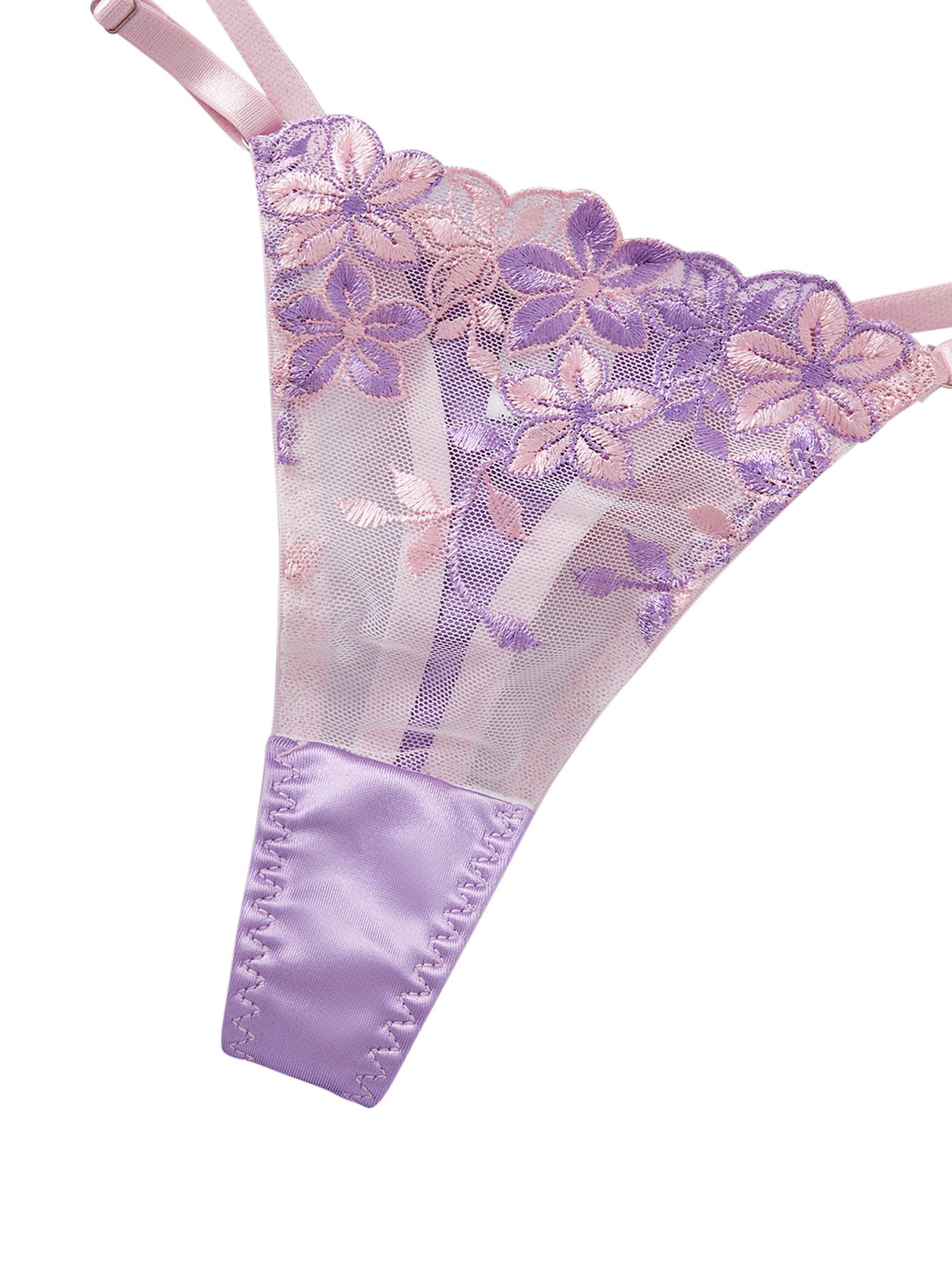 Lilosy Sexy Satin Mesh Floral Sheer Embroidered Underwire Lingerie Set 2 Piece Women Push Up See Through Matching Bra Panty Print Royal Blue Medium: Flower Small Flower Light Purple