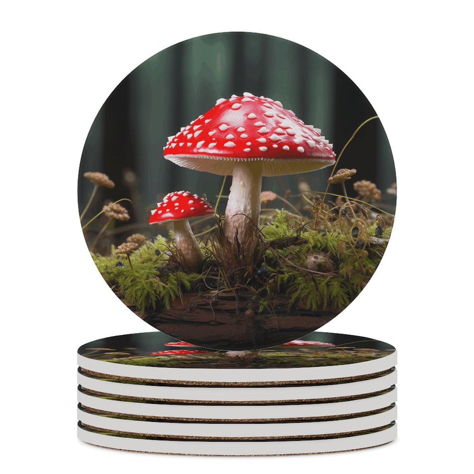Red and White Mushroom Drink Coasters with Holder for Coffee Table,Ceramic Coaster with Cork Base,Ceramic Stone Coaster for Iced Cold Or Hot Drinks,4.1 Inches