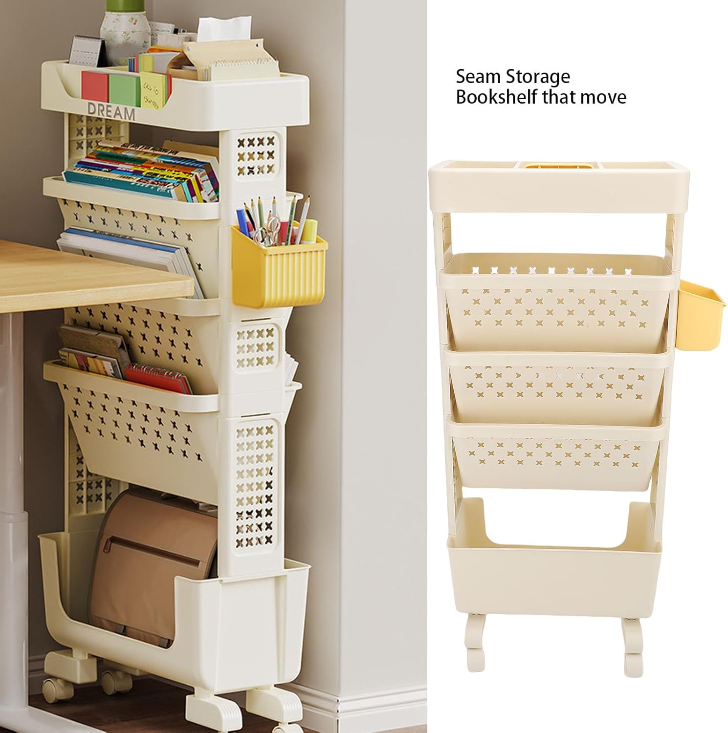 Rolling Book Cart, 5 Tier PP Multi Functional Storage Rack with Lockable Casters and Embedded Cup Holder, for Office Home Bedroom Classroom Library Utility Organizer Bookshelf (Cream White)
