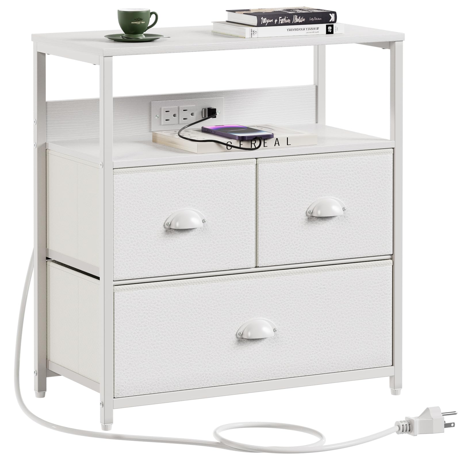 Furnulem White Nightstand with Charging Station, Wooden End Table with USB Ports & Power Outlets, Industrial Bedside Tables with 3 Fabric Drawers and Shelf for Bedroom, Living Room