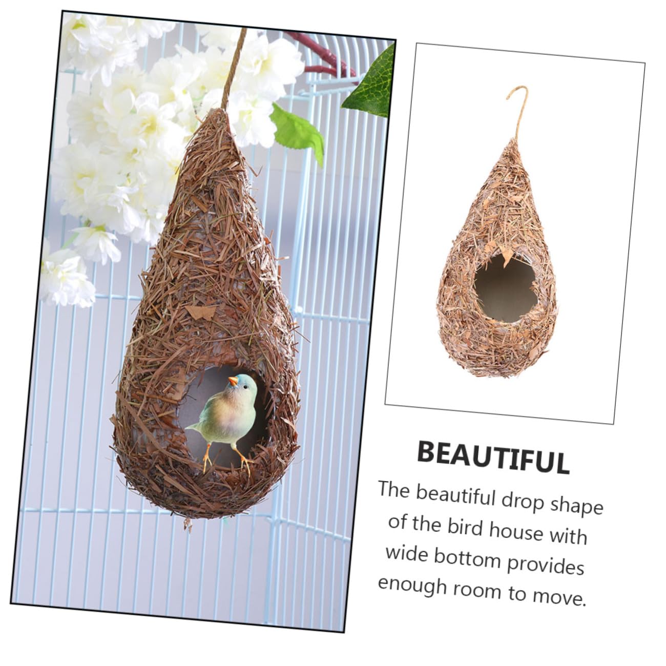 Casa Colgante para Pájaros Artificial de Paja 3 Piezas | Forma de Gota, para Exterior E Interior, Mezcla Paja-plástico, Refugio Decorativo Tejido a Mano