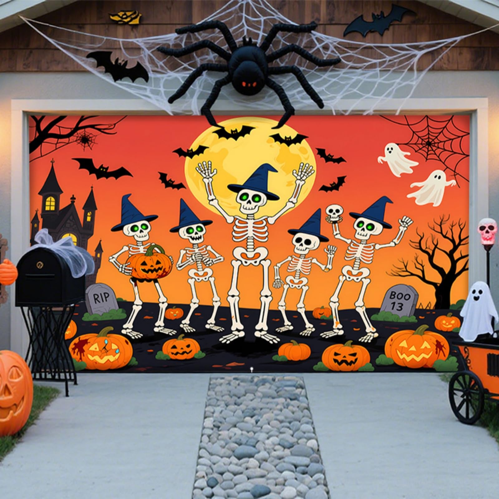 Decorazioni di Halloween per la Porta del Garage, Grande Striscione Happy Halloween da Appendere, Decorazioni per Esterni, Sfondo per Feste in Famiglia, Raduno di scheletri, 7x16