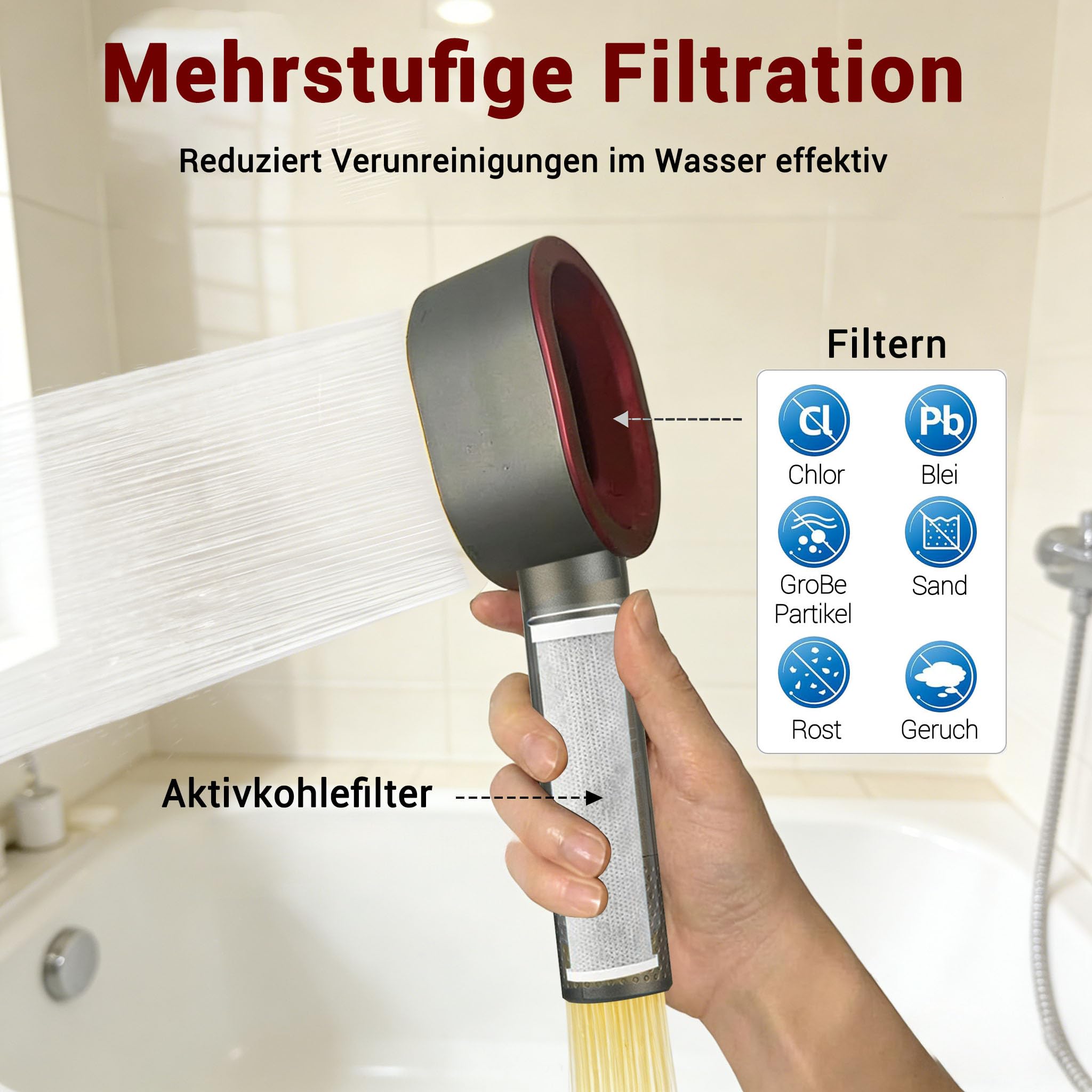 Alcachofa de ducha con cepillos de limpieza y filtro de carbón activo de carbono, ducha de mano de alta presión con filtro eliminado, cloro residual, cal y metal pesado, ahorro de agua (plateado)