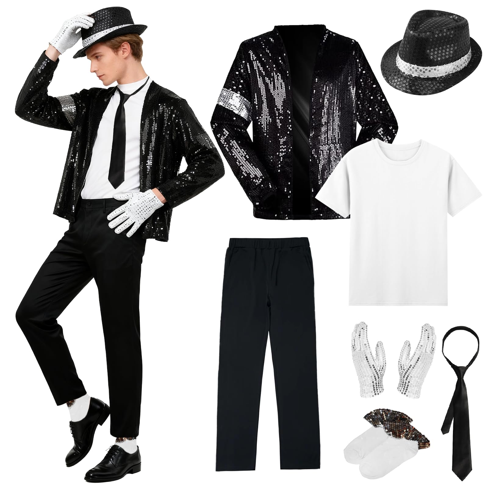 Costume da re del pop anni '80, per adulti, per cosplay, costume con cappello jazz con paillettes, giacca, top, pantaloni, guanti, calzini, cravatta, per Halloween, carnevale, feste a tema anni '80
