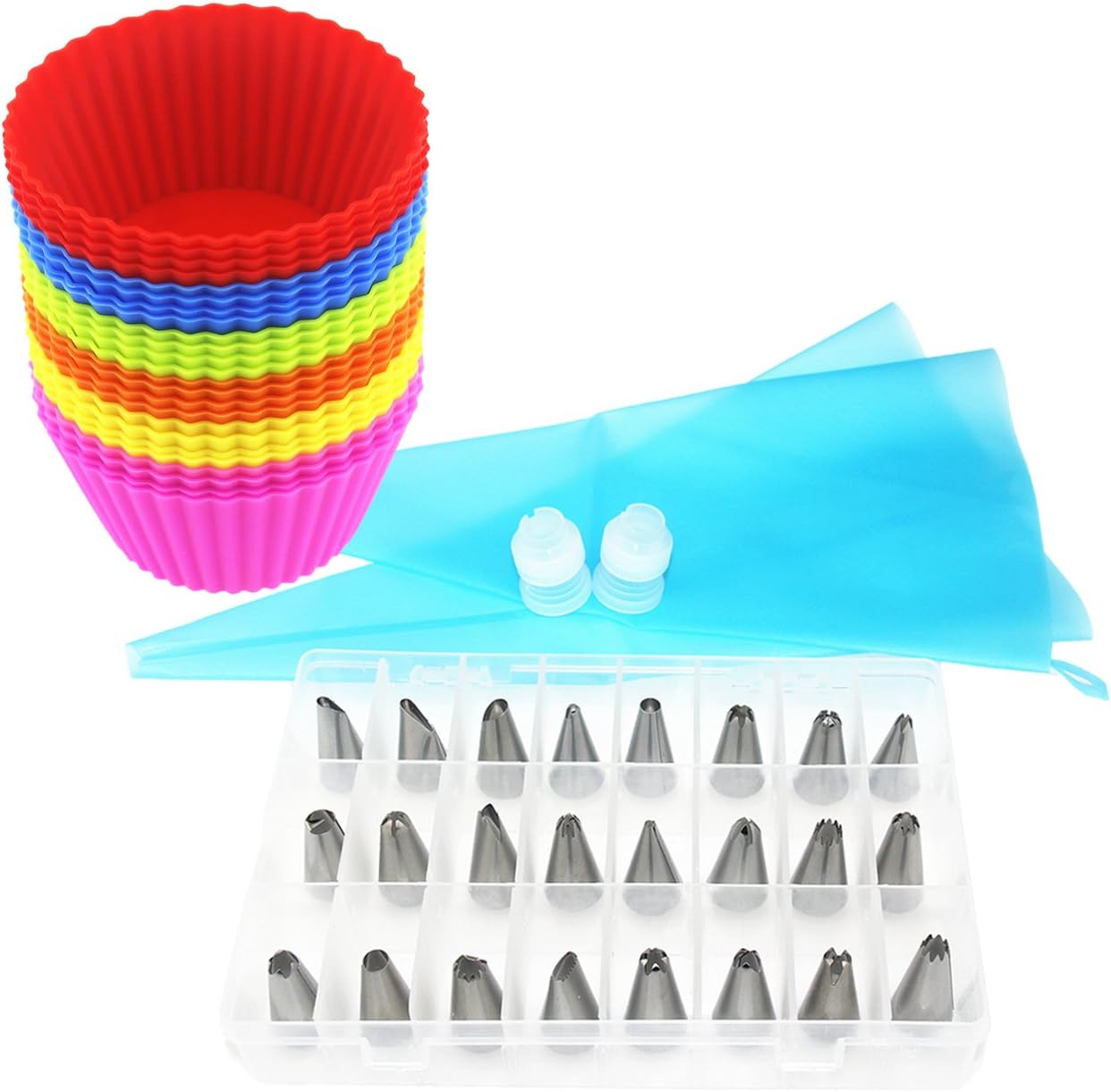 24PCS Stainless Steel Tubing Nozzles 24pack Cupcake Molds Cases Baking Cups Silicone with Spouts Kits for Cake Decoration Bakery Supplies (48pcs)
