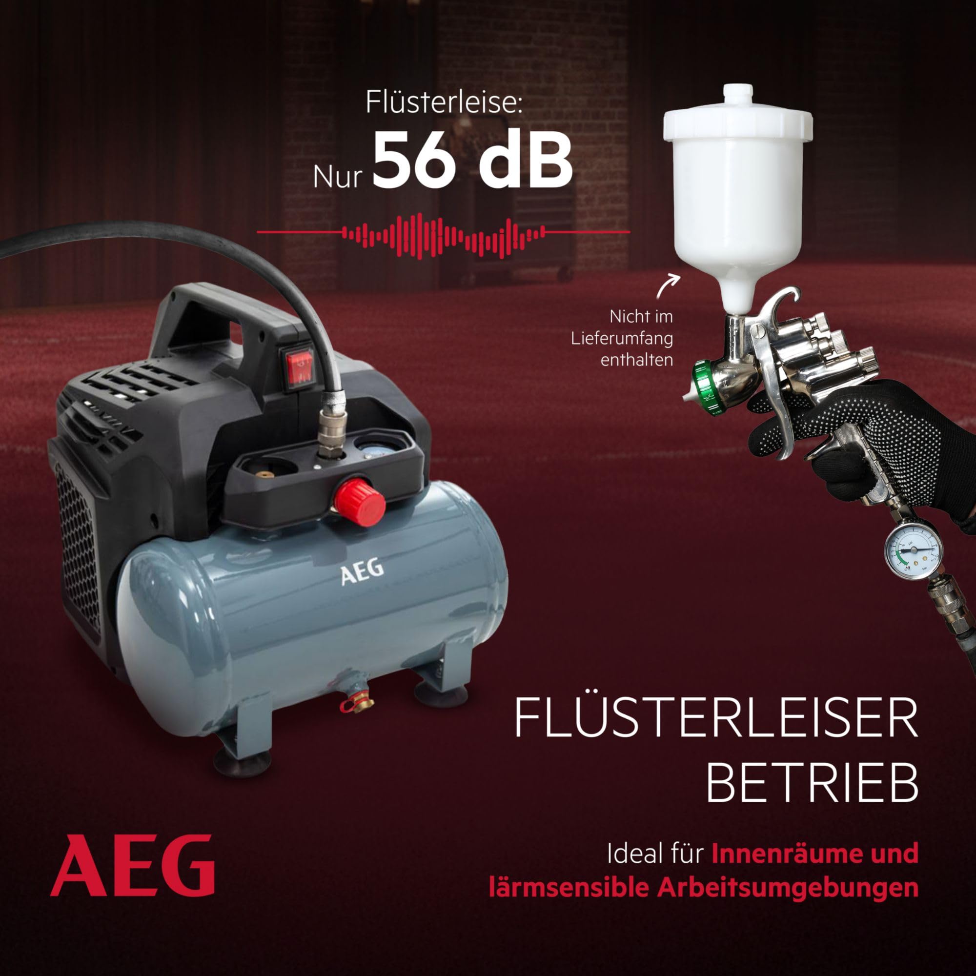 AEG KL6 Compresor de aire comprimido silencioso y potente para taller, hogar, ocio, versátil, libre de mantenimiento, libre de aceite, 56 dB, potencia del motor 1,5 CV, tanque 6 L, 8 bar, 206 l/min