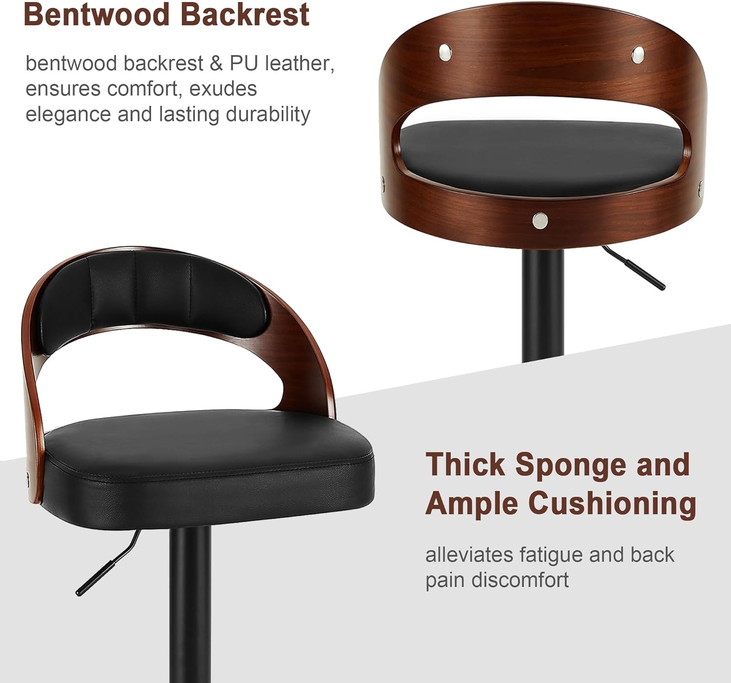 VECELO Bar Stools Set of 2,Counter Height Stools with Bentwood Back&Arm, Swivel Barstools,PU Leather Kitchen Island Stools, Adjustable Height Bar Chairs for Club Pub Dining Room,Black