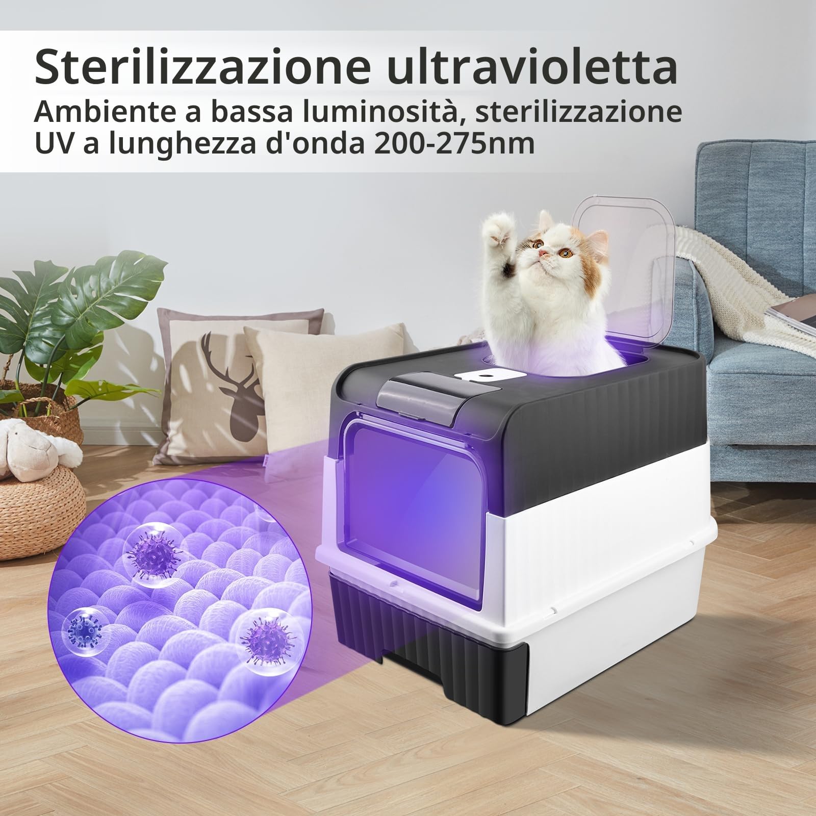 Lettiera automatica autopulente per gatti, sterilizzata, utilizzabile chiusa o aperta, con apertura frontale, deodorante, in materiale PP, con 1 sacchetto di deodorante (Nero)