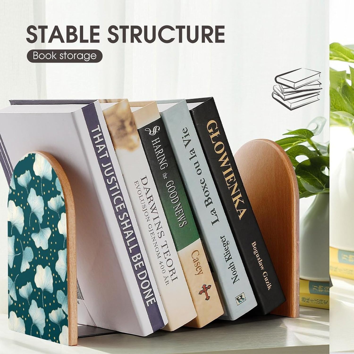 Ginkgo Gold Dots Cute Wood Book Ends Decorative Bookends 1 Pair Non-Skid for Shelves Home Office 7 X 5 Inch