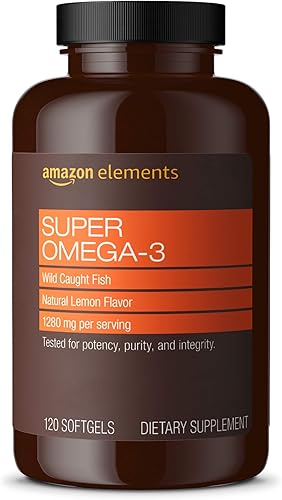Amazon Elements Super Omega-3 con sabor a limón natural – corazón, cerebro, salud de los ojos – 120 cápsulas blandas (1280 mg por porción, 2