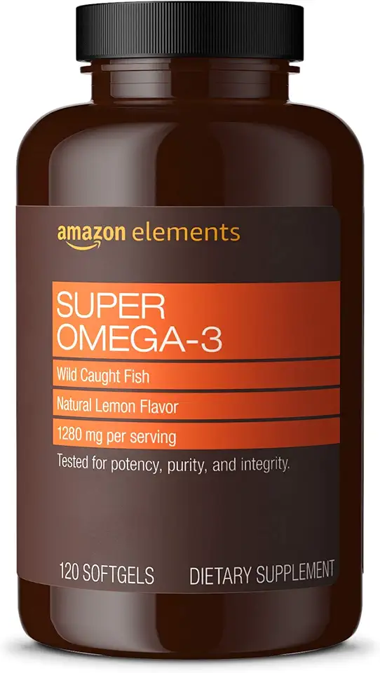 Amazon Elements Super Omega-3, Wild-Caught Fish Oil, Natural Lemon Flavor, EPA &amp; DHA Omega-3 Fatty Acids, 1280 mg per Serving, 120 Softgels (Packaging may vary)