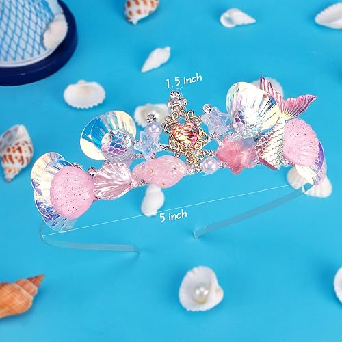 Miniatura 6 de CIEHER Corona de sirena para niñas, diadema de sirena rosa, corona de conchas para niñas, decoración de fiesta de sirena, decoraciones de cumpleaños