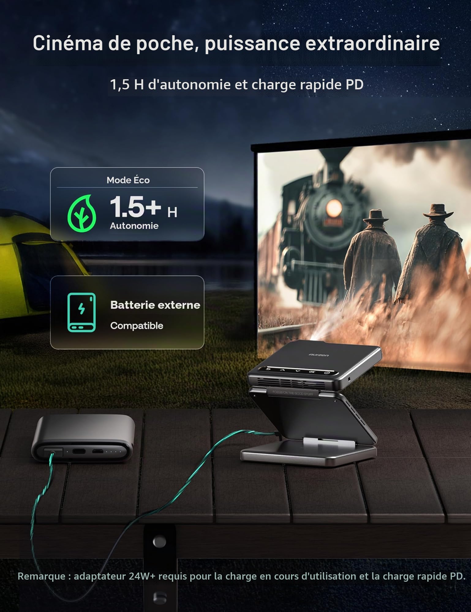 Aurzen Zip Tri-Fold Mini Vidéoprojecteur Portable avec Batterie, Gris