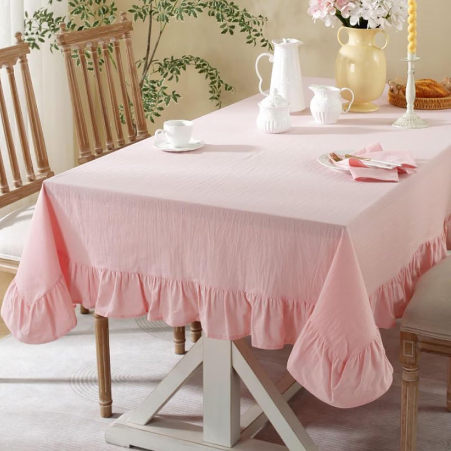 JadeRich Solid Color Ruffled Tablecloth Cotton Rectangular Square Table Cover Decoration for Kitchen Dinning