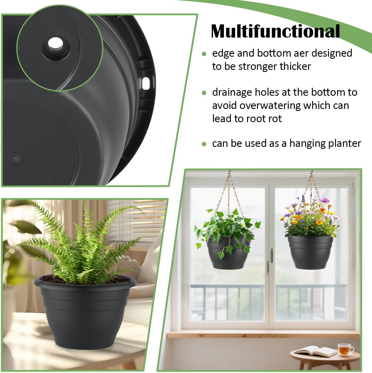 RooTrimmer 5 Pack 10 Inch Plant Pots Plastic Planters with Drainage Holes & Plugs,Lightweight Flower Pots for Indoor Outdoor Plants,Flowers,Monstera,Snake Plant,Home Garden(Black)