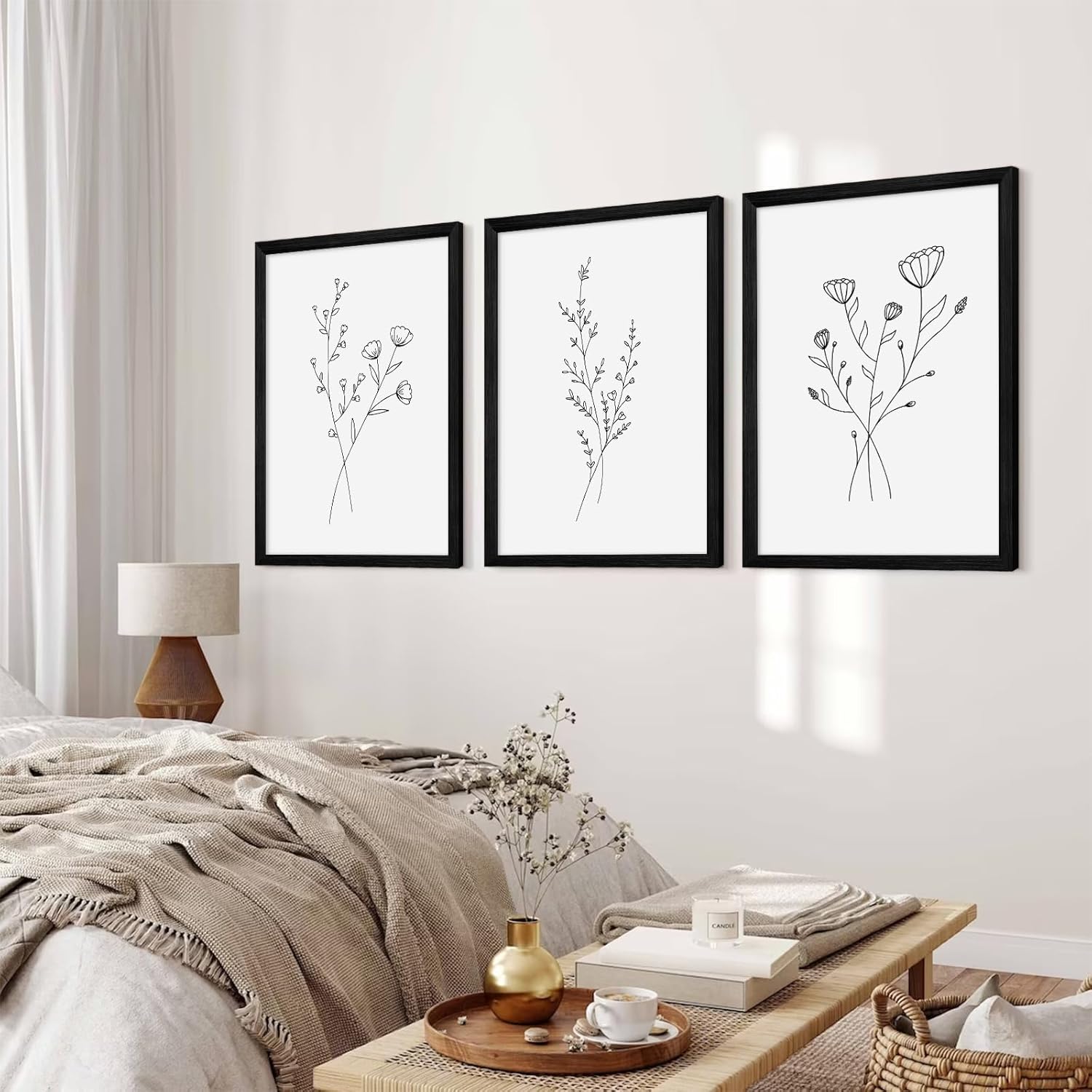 Flower Line Wall Art Set of 3 Botanical Canvas Wall Decor Floral Minimalist Wall Art Abstract Plant Pictures Flower Line Prints Black White Floral Artwork for Room Bedroom 16x24 Inch Framed