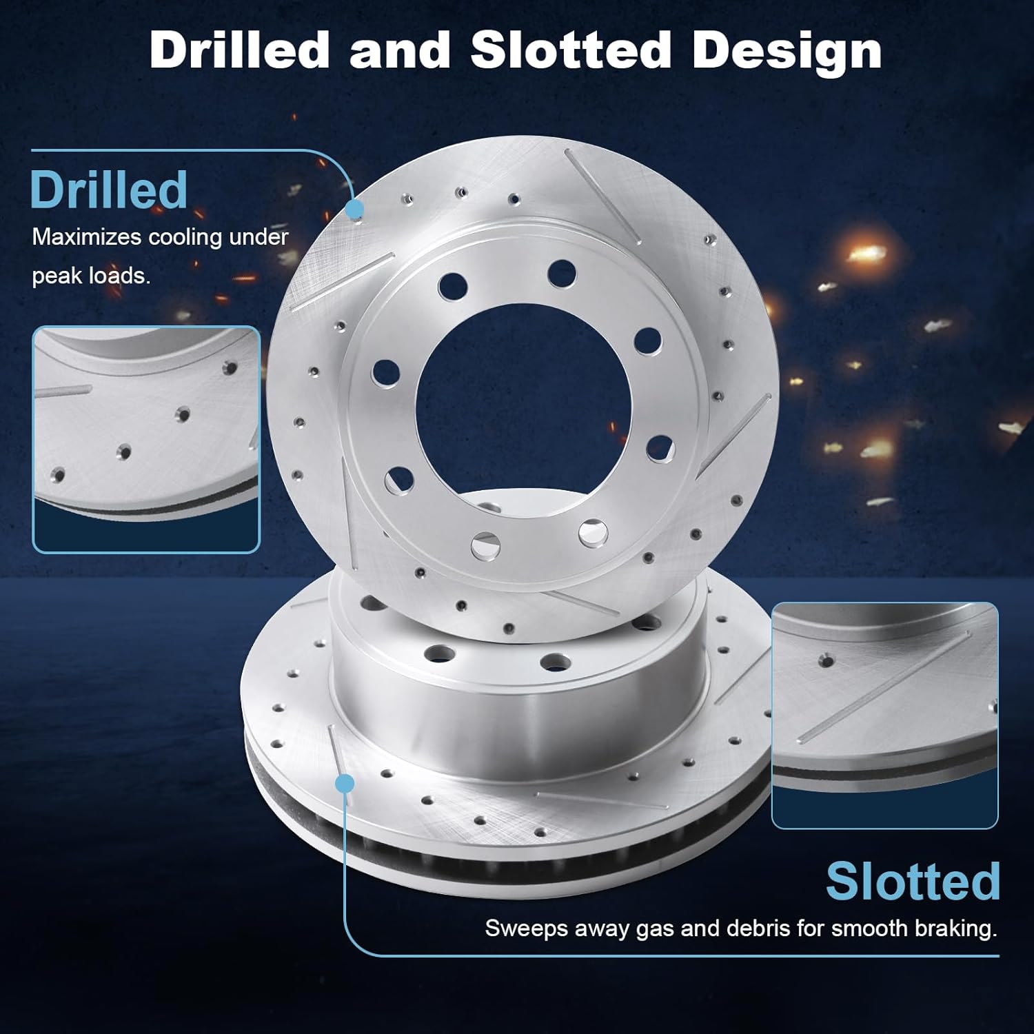 Front Drilled and Slotted Disc Brake Rotors Fit for Ford 2000-2005 Excursion, 1999-2004 F-250, 1999-2004 F-350, 1999-2004 F-450, 2004 F-550 Super Duty Front (4WD) #54078